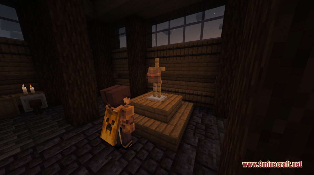 Player character wearing a cape looking at a satchel on a wooden pedestal