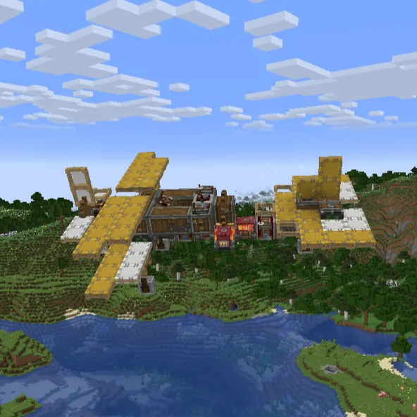Small Biplane Schematic Screenshots 1 A small yellow biplane flying over a lush Minecraft forest and river