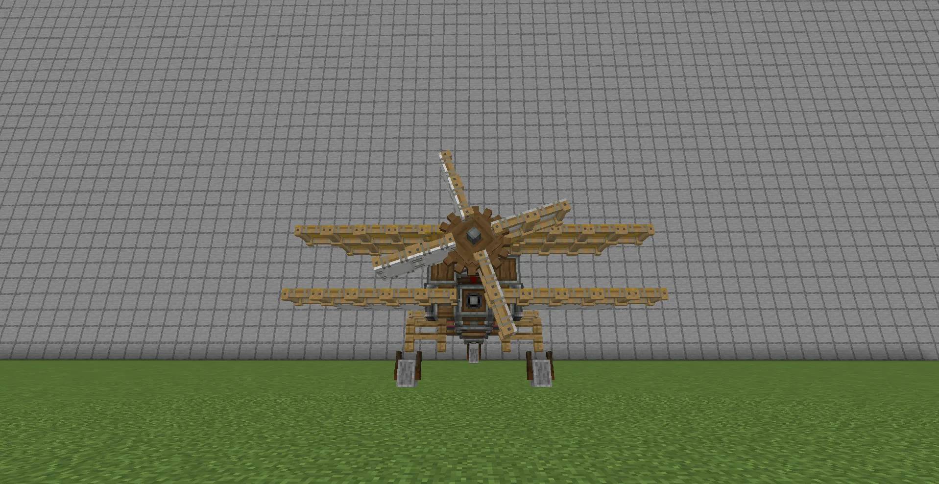Small Biplane Schematic Screenshots 3 Front view of a wooden biplane with a large propeller in Minecraft