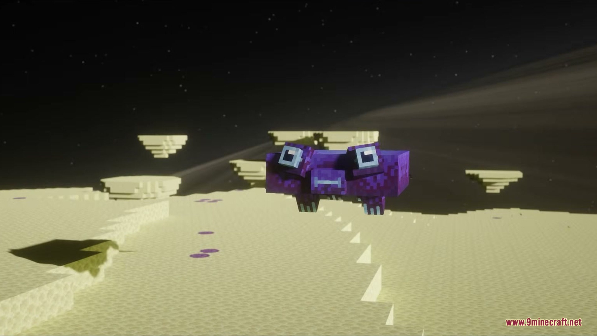 A purple Endslab mob floats peacefully above the islands in the End dimension