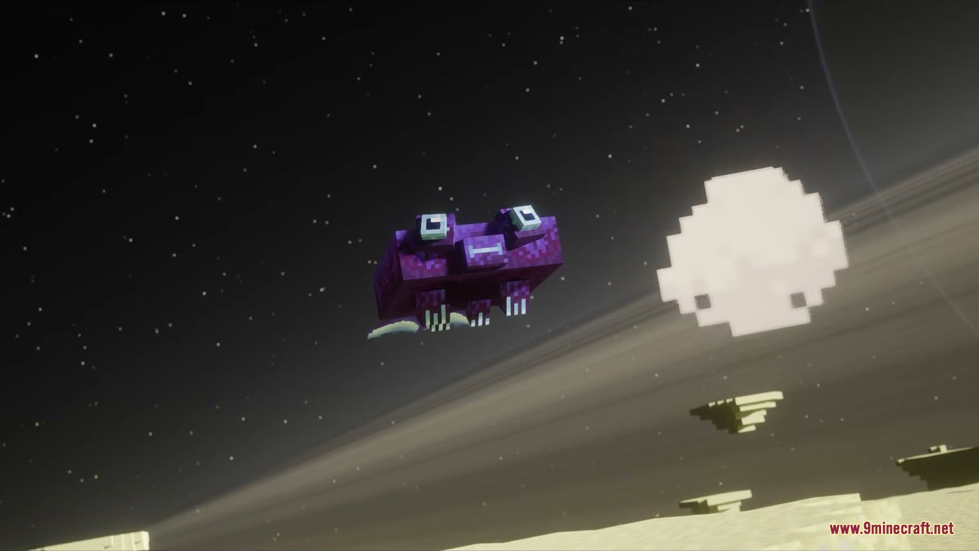 A purple flying creature called an Endslab glides through the dark starry sky