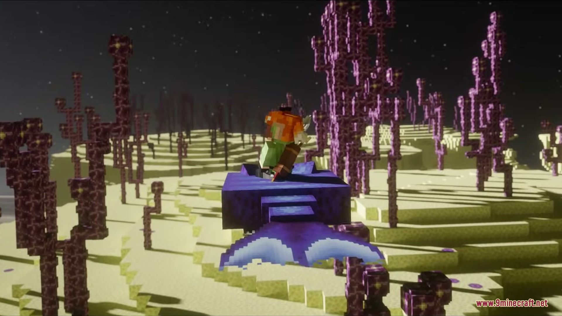 A player sits on a purple Endslab flying over a chorus fruit forest