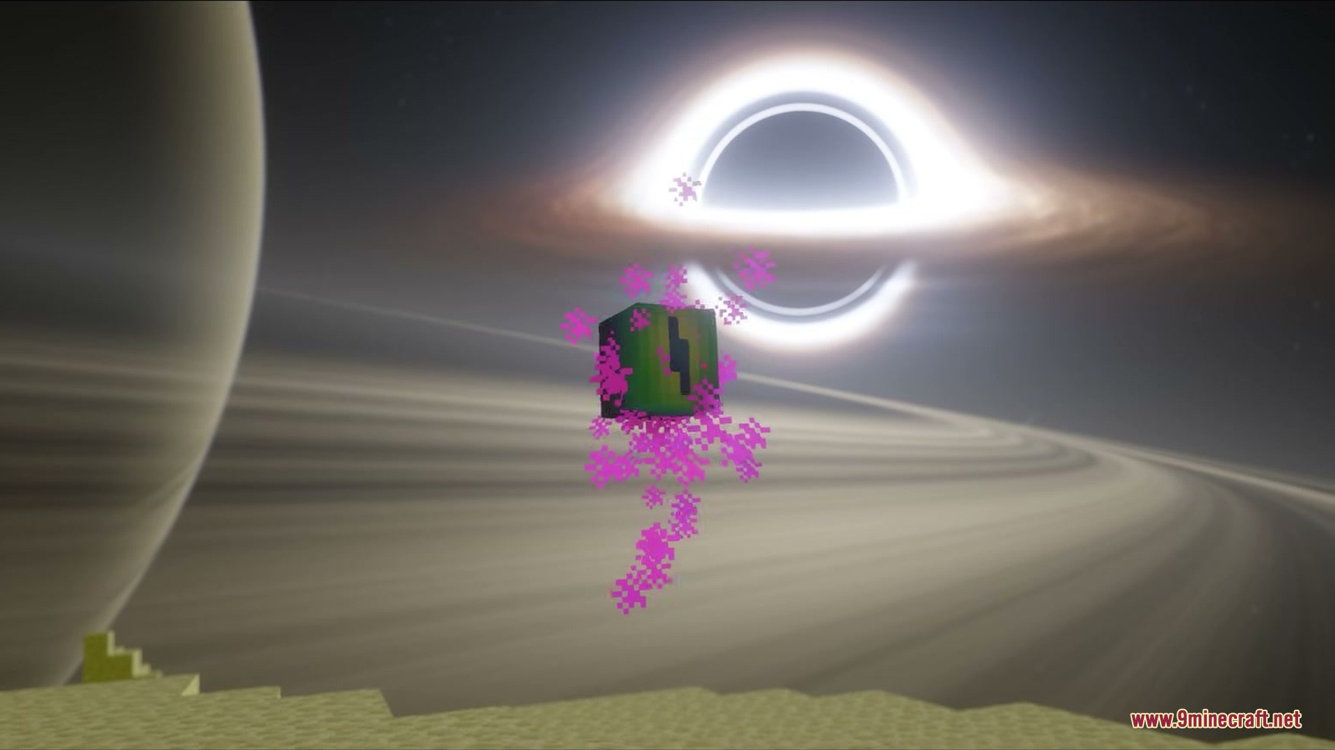 The Small End Features travel sphere floats in space with a black hole