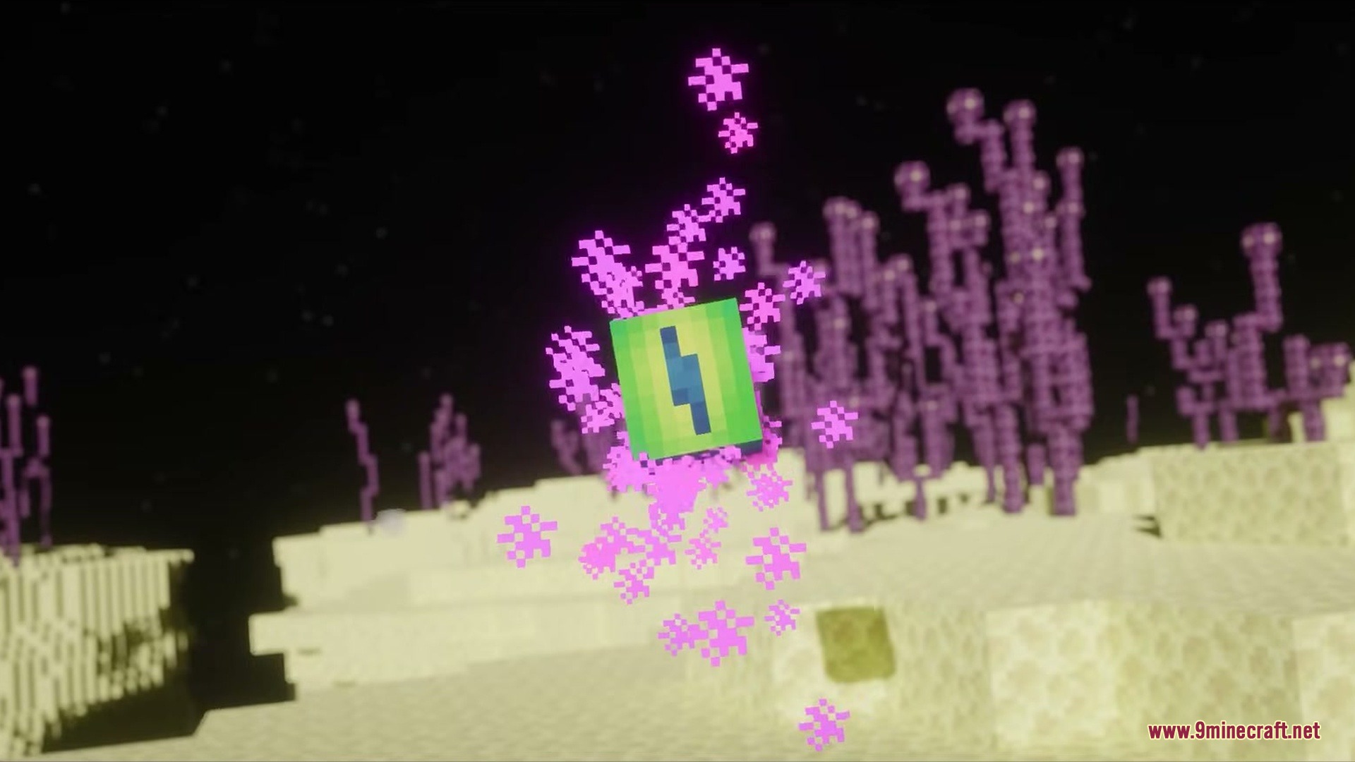 A green travel sphere emits pink particles while floating in the End dimension