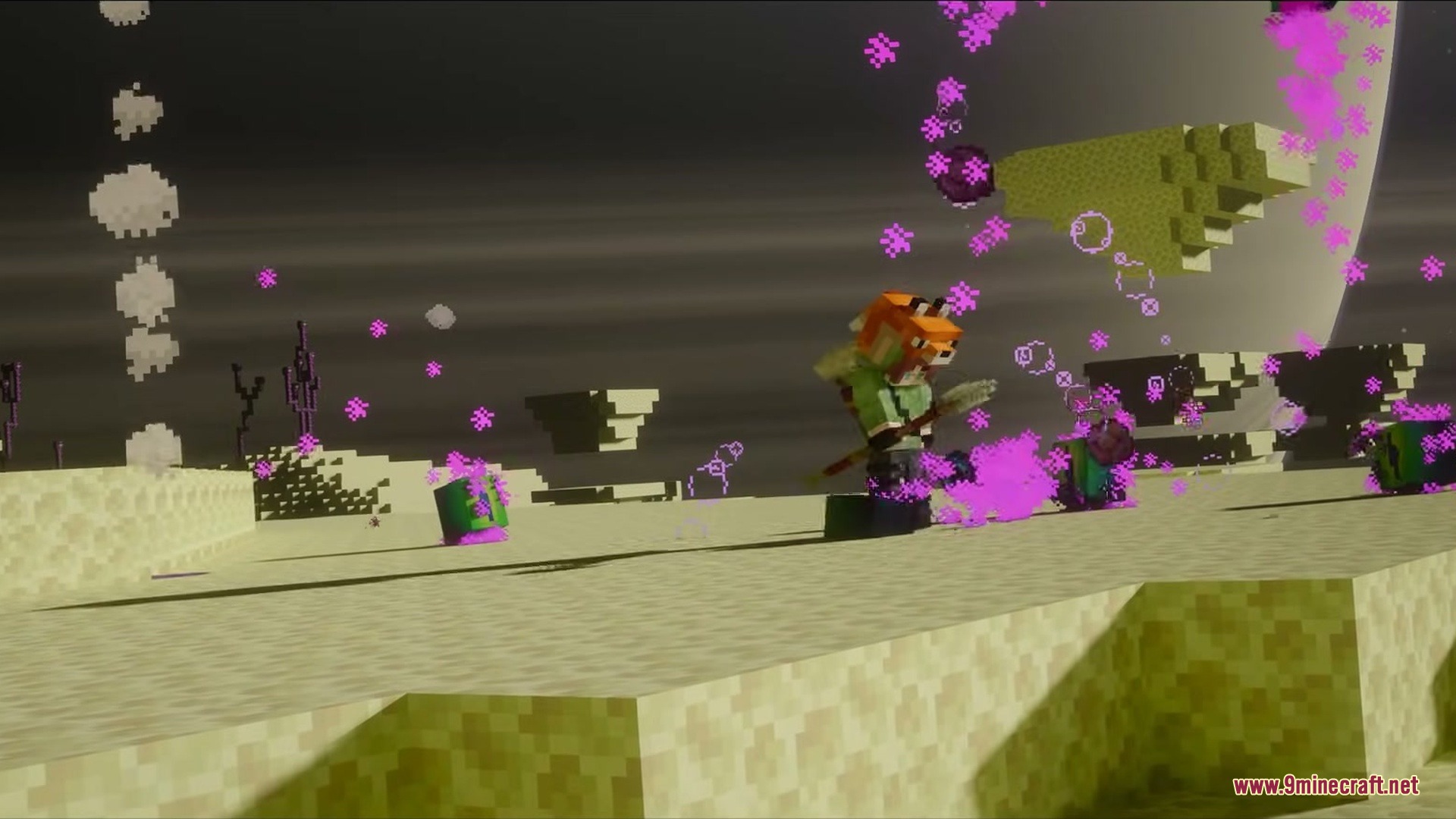 A player with a fox skin fights floating End Eye mobs in the End