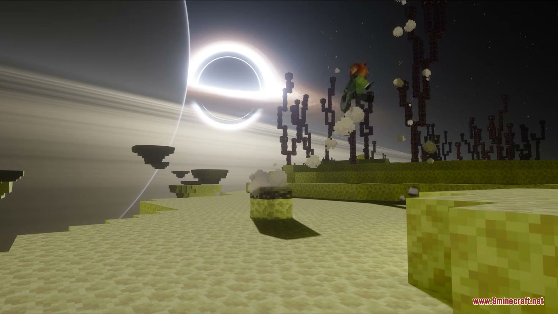 Player riding a flying Endslab creature in the End under a black hole
