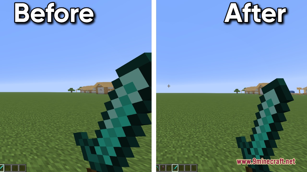 Small Hand Tools Resource Pack Screenshot 4 Small Hand Tools Resource Pack comparison showing original and reduced weapon sizes