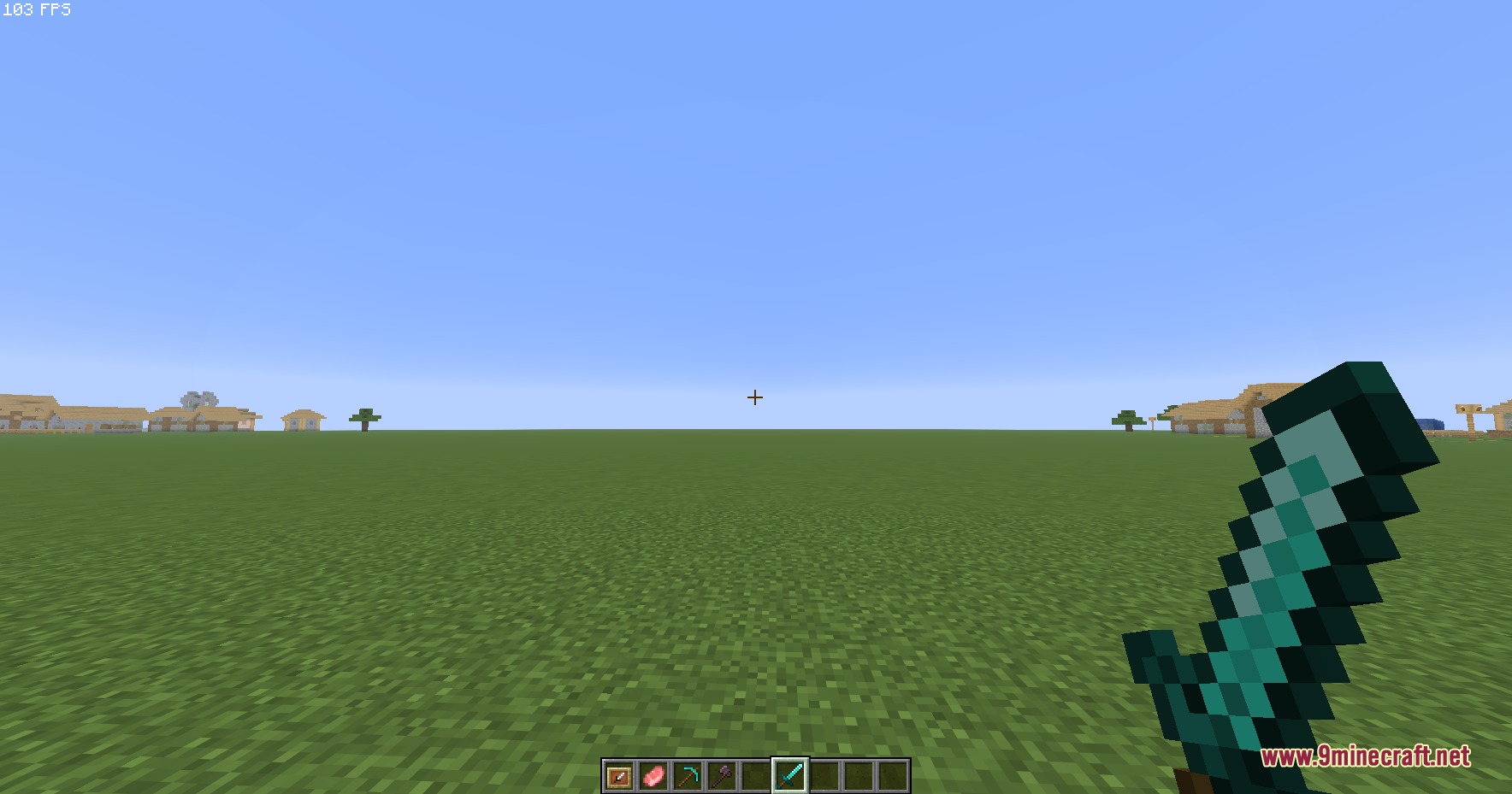 Small Hand Tools Resource Pack Screenshot 7 Player wielding a small diamond sword while exploring a flat Minecraft world