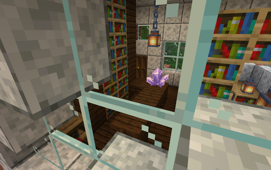 Small Library Tower Schematic Screenshots 3 A cozy library interior with bookshelves and an amethyst cluster on a desk