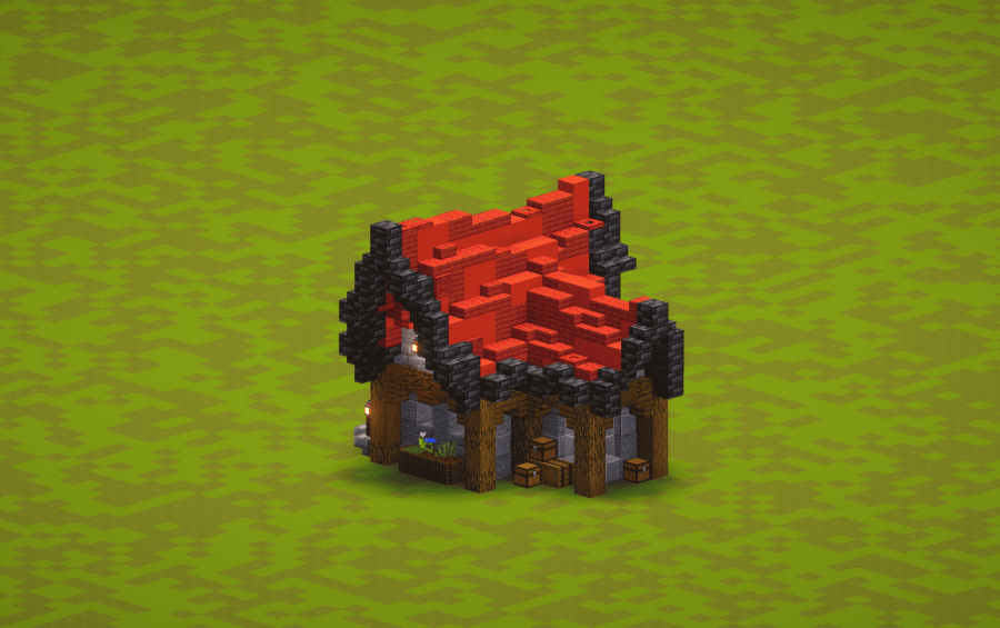 Small Red Cottage Schematic Screenshots 2 Side view of a small wooden house with barrels and flower boxes