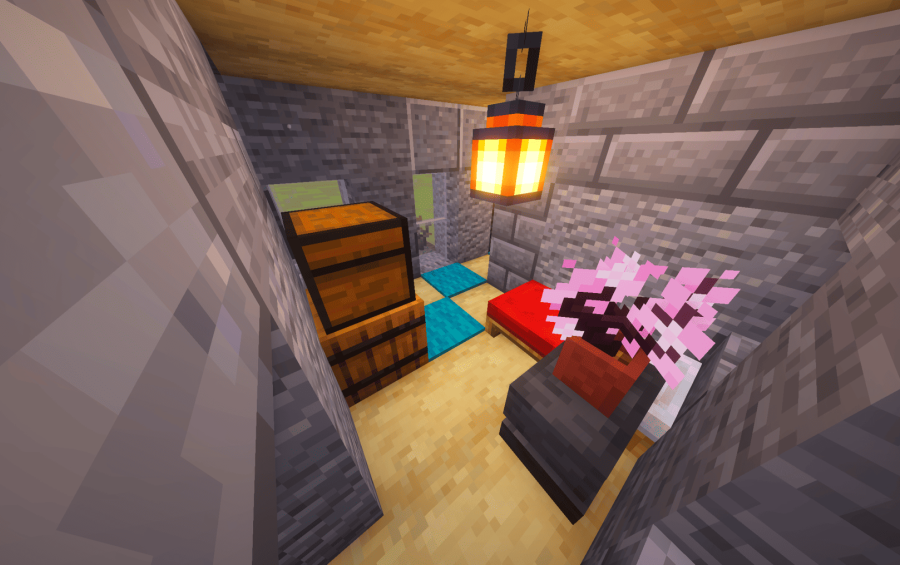 Small Red Cottage Schematic Screenshots 3 Cozy Minecraft interior with a red bed chest on a barrel and a lantern