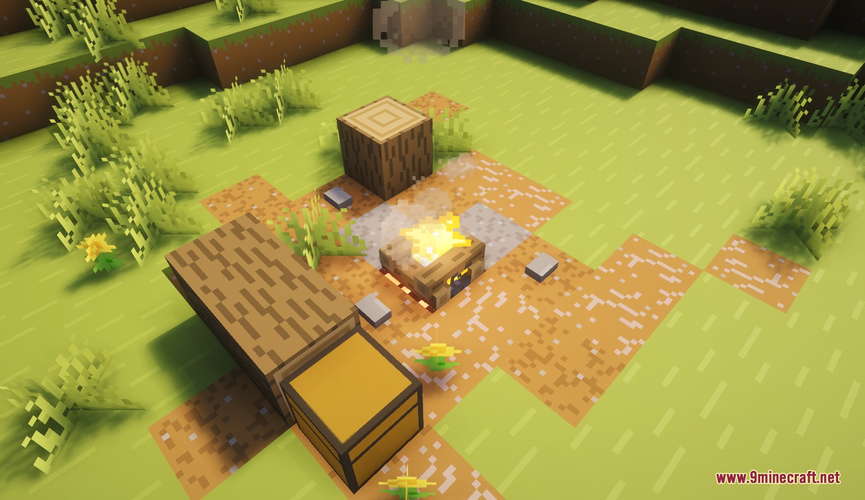 Small Structures Mod Screenshot 2 A lit campfire and a wooden chest at a small forest campsite