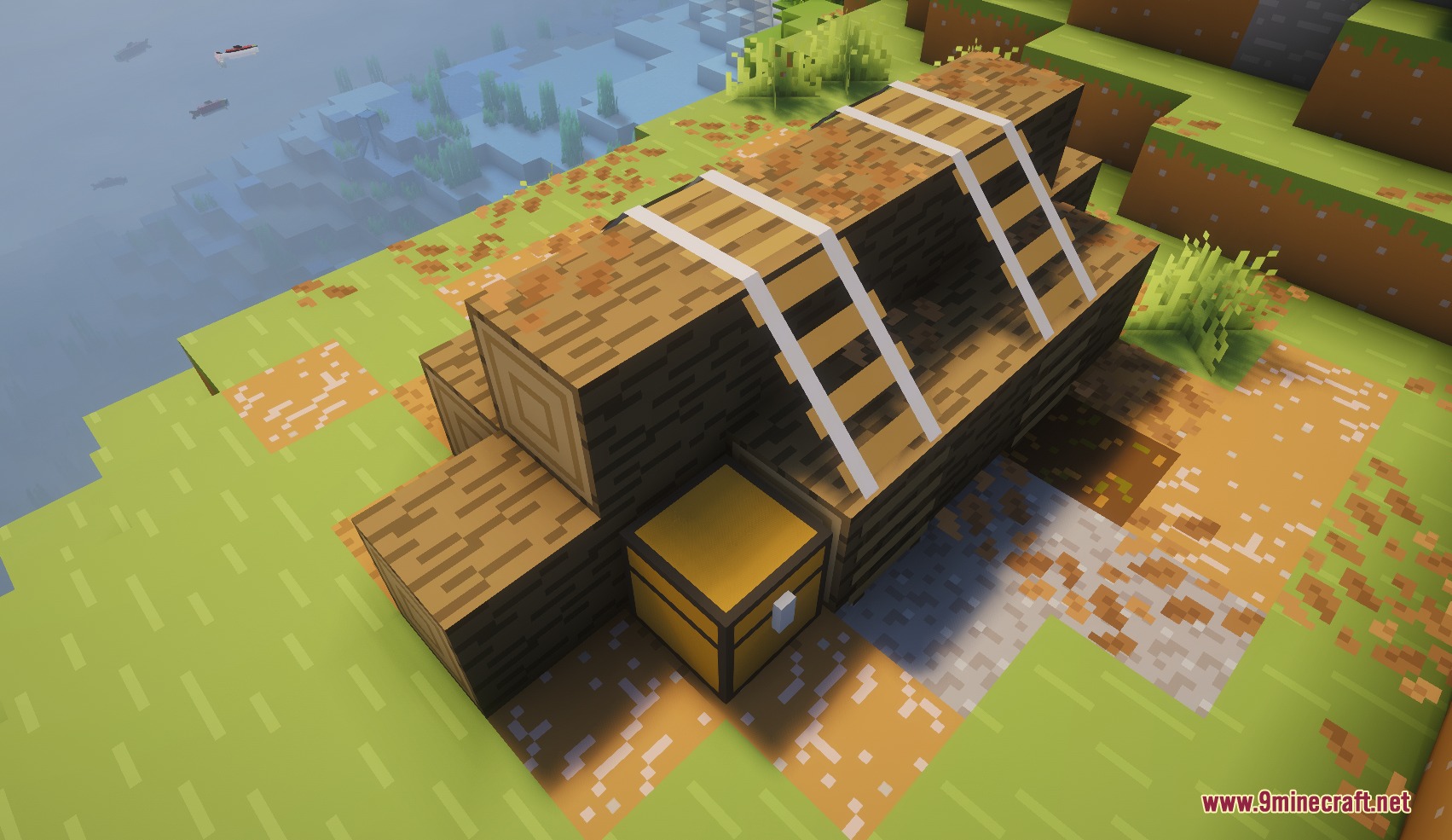 Small Structures Mod Screenshot 5 A small log pile structure with a chest sitting near the water