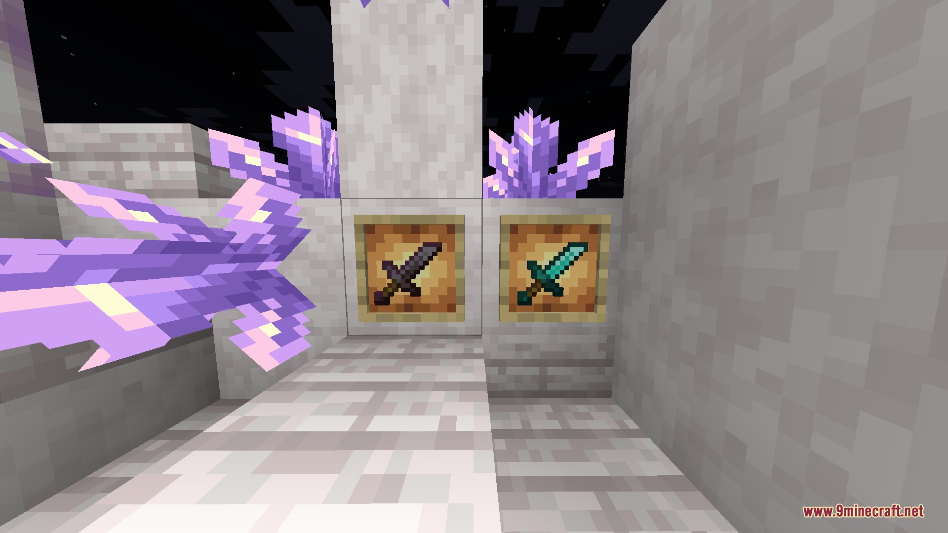 Small Swords Hani Resource Pack Screenshot 3 Netherite and diamond swords displayed in item frames next to amethyst crystals