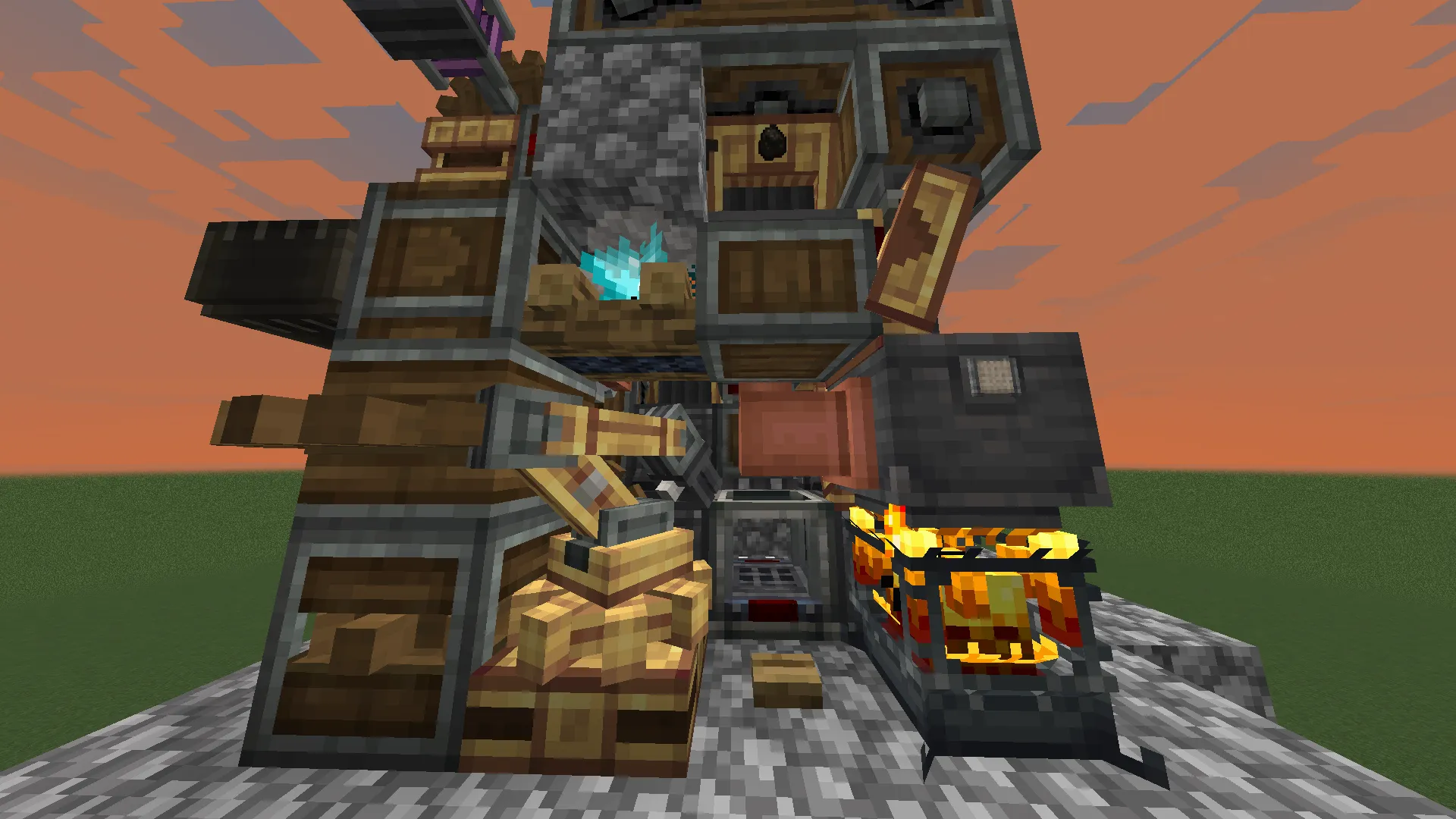 Mechanical arms and fire sources inside a complex automated factory machine