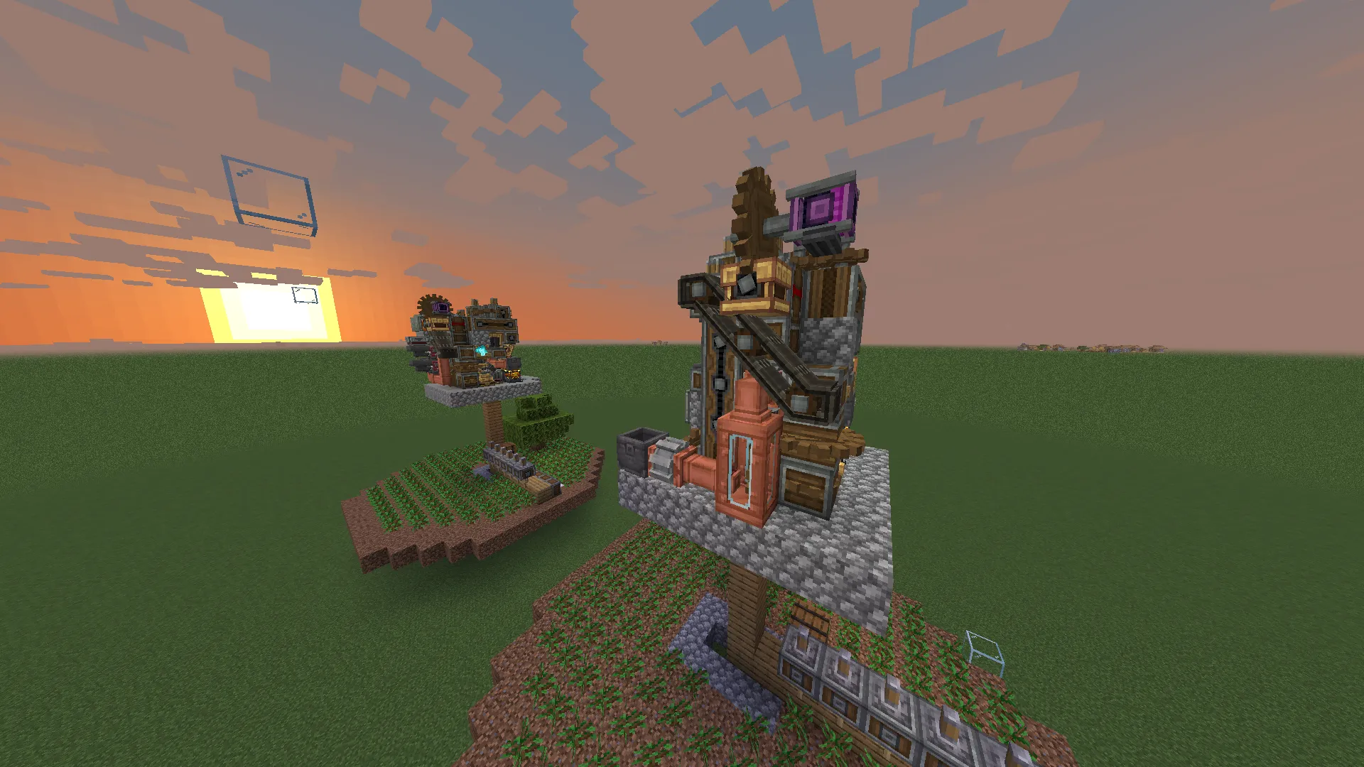 A complex automated diamond farm built with Create mod machinery at sunset