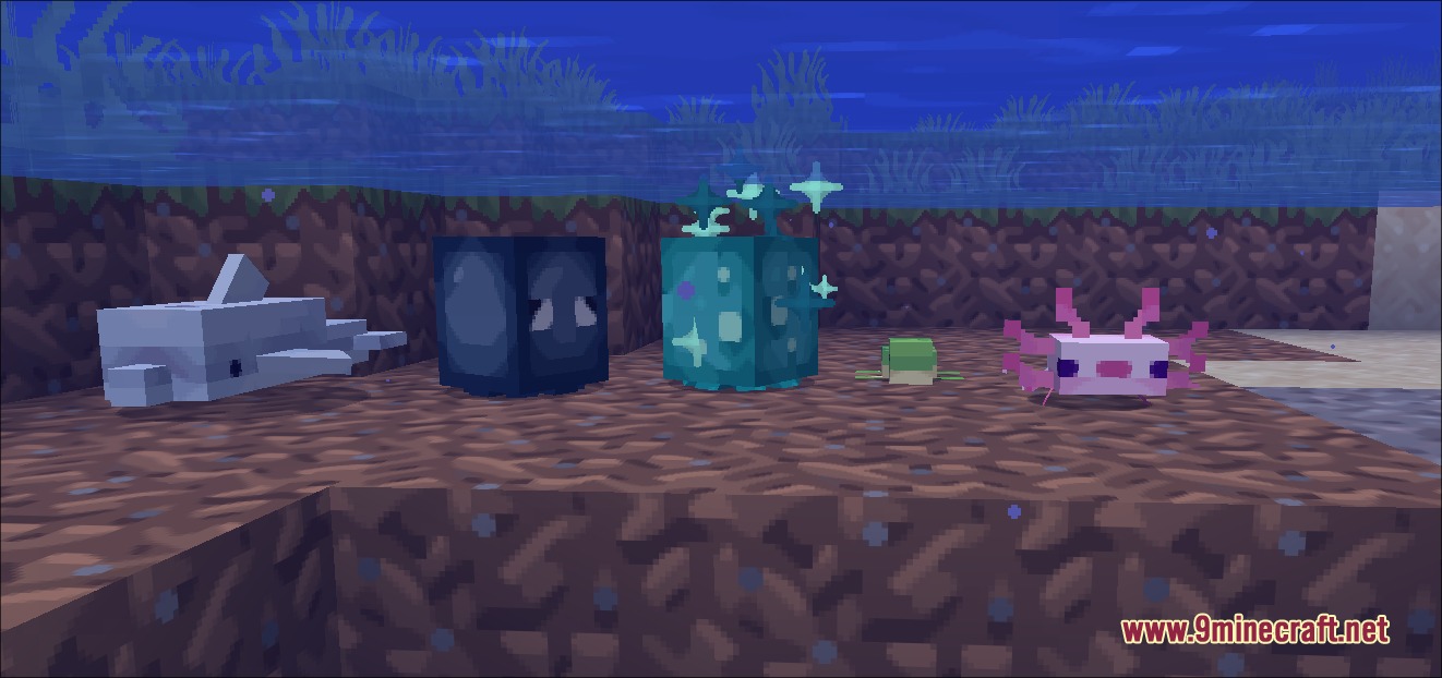 SnapshotXBR Resource Pack Screenshot 1 Aquatic Minecraft mobs with upscaled textures swimming together in the ocean