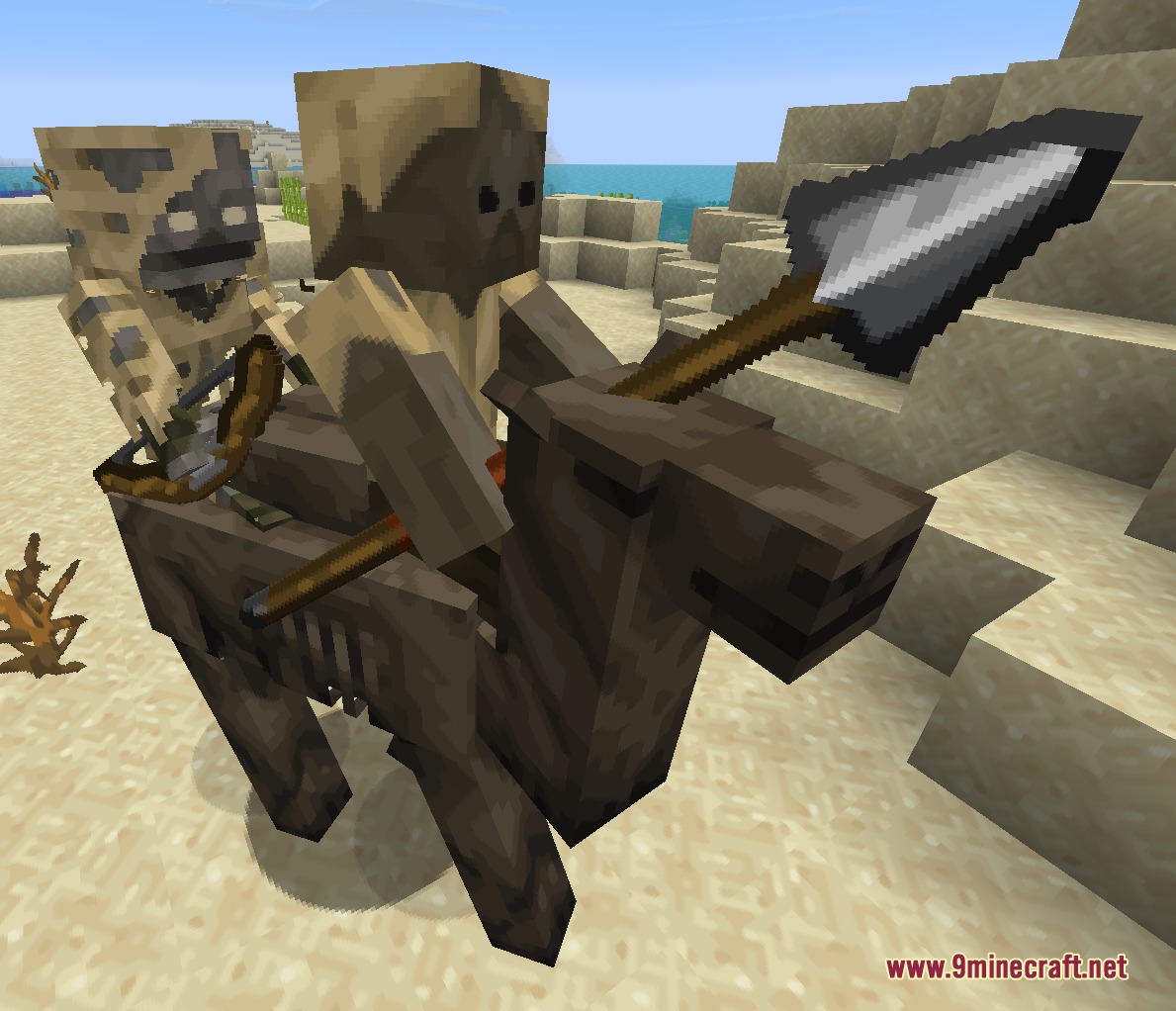 SnapshotXBR Resource Pack Screenshot 5 A skeleton mob riding a dark horse while holding a spear in desert