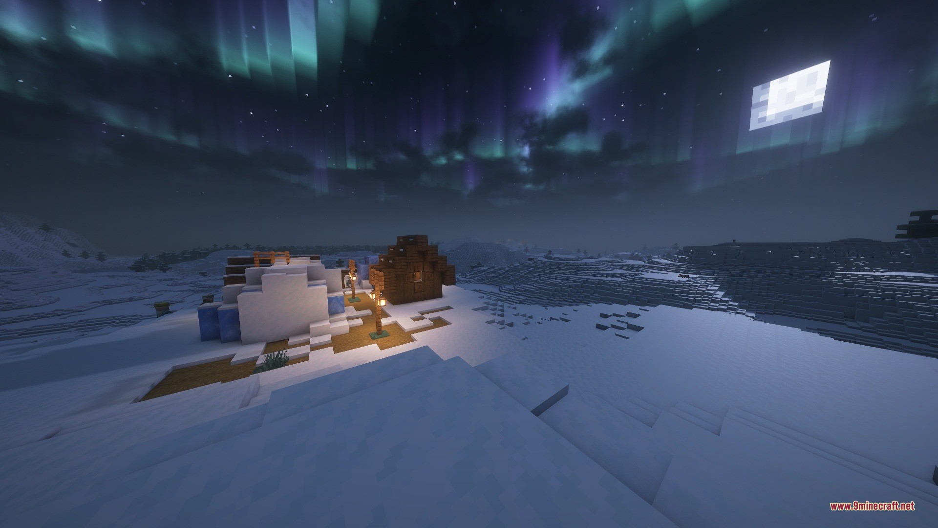 Snowy Biomes Enhanced Data Pack Screenshot 1 Snowy Biomes Enhanced Data Pack creates a cozy village under the aurora