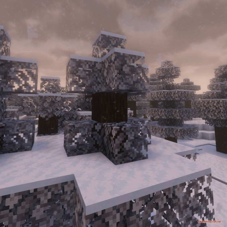 Snowy Biomes Enhanced Data Pack Screenshot 3 Snowy Minecraft forest featuring white tree leaves and smooth snow layers