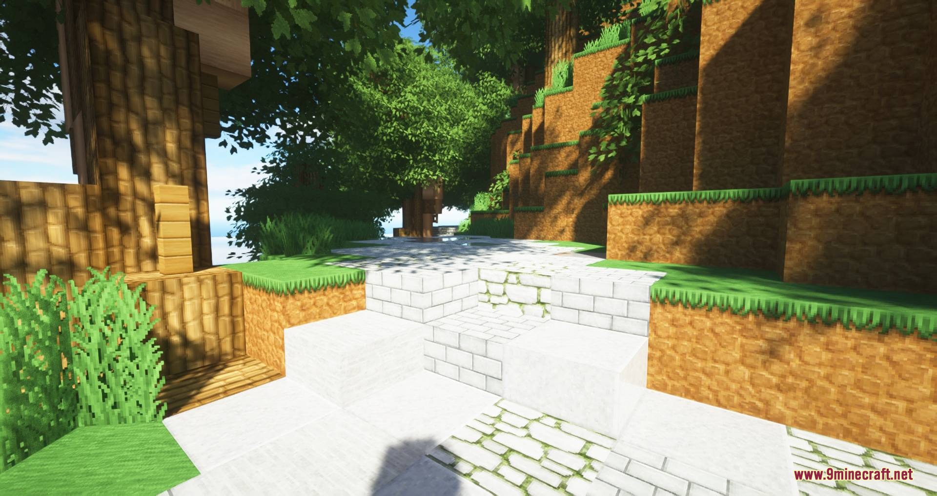 Soartex Fantastik Resource Pack Screenshot 1 White brick stairs lead up a grassy hill under trees with bushy leaves