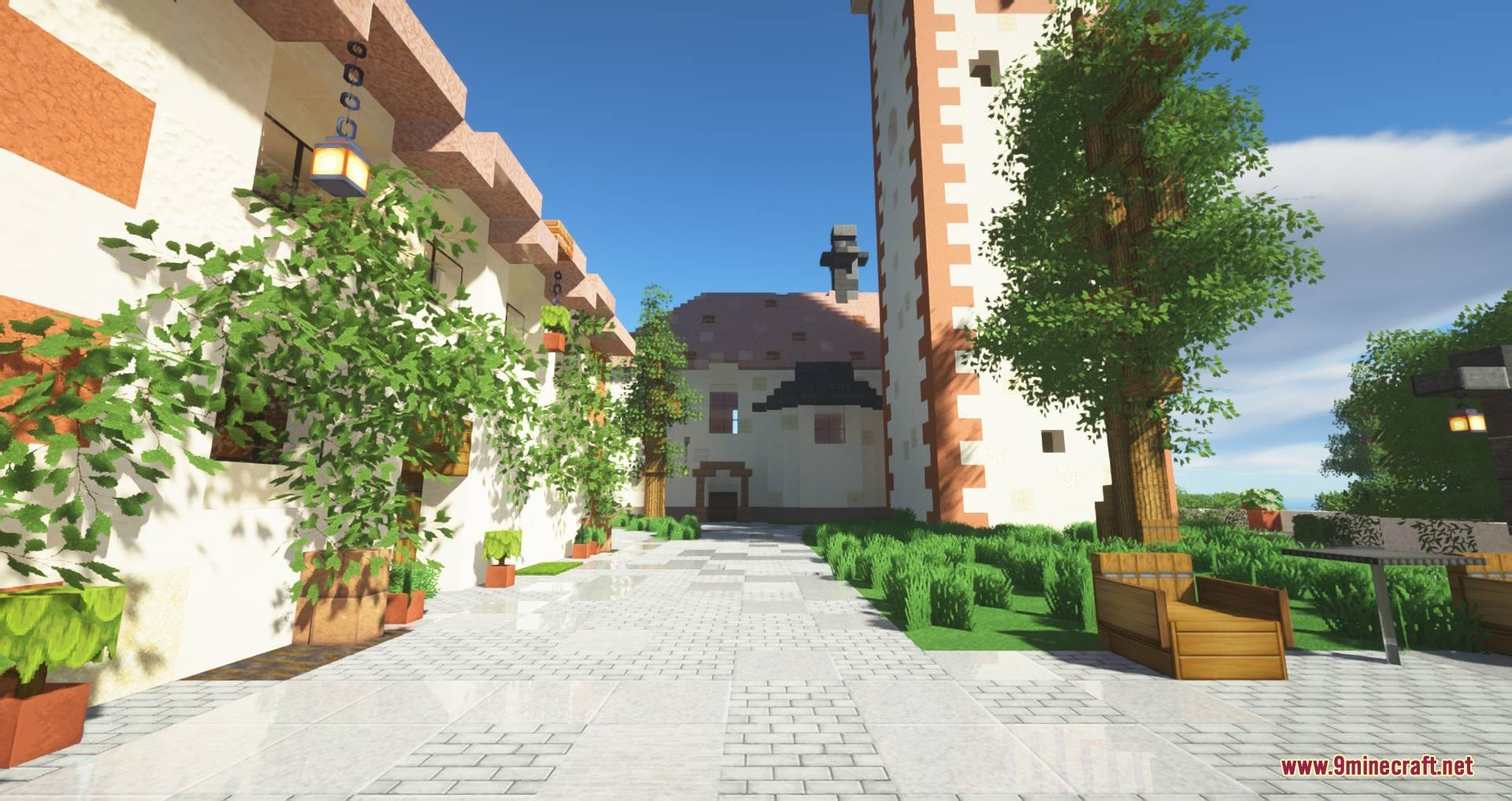 Soartex Fantastik Resource Pack Screenshot 2 A bright courtyard with white stone paths and a tall tower with trees