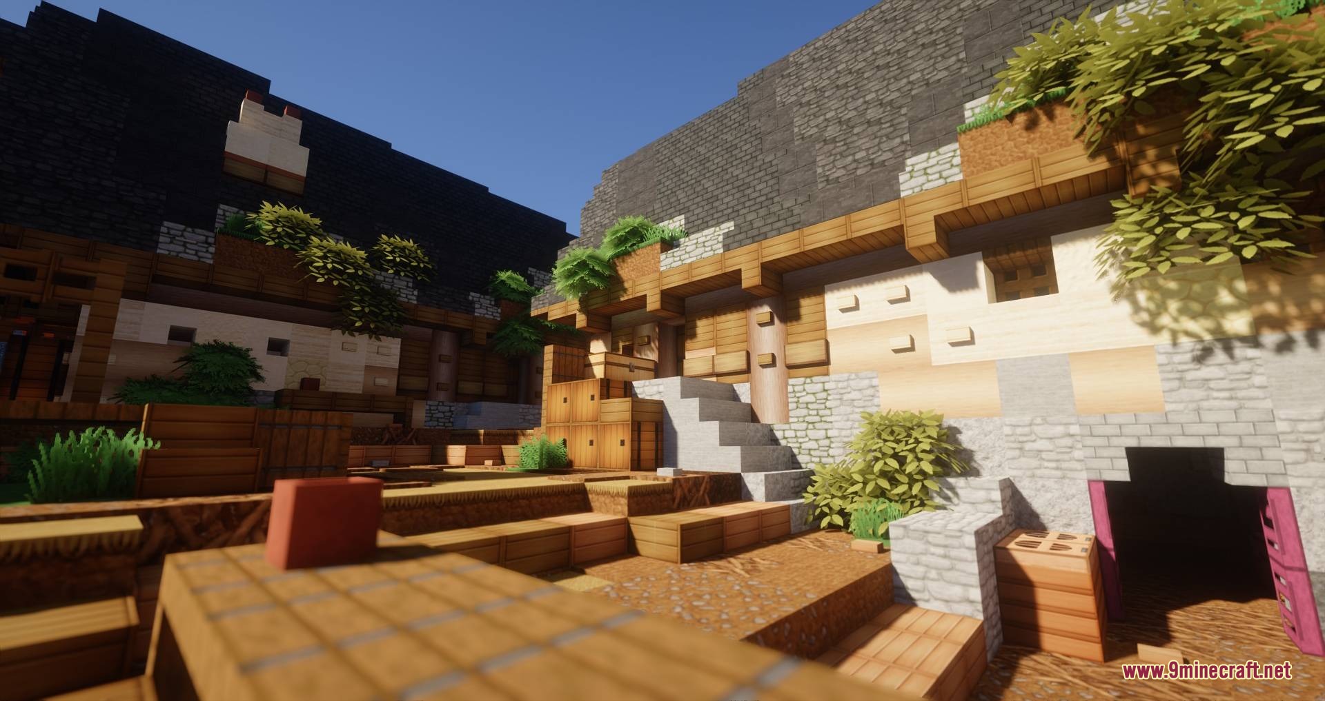 Soartex Fantastik Resource Pack Screenshot 3 Detailed Minecraft building with realistic stone textures and wooden beams under bright sunlight