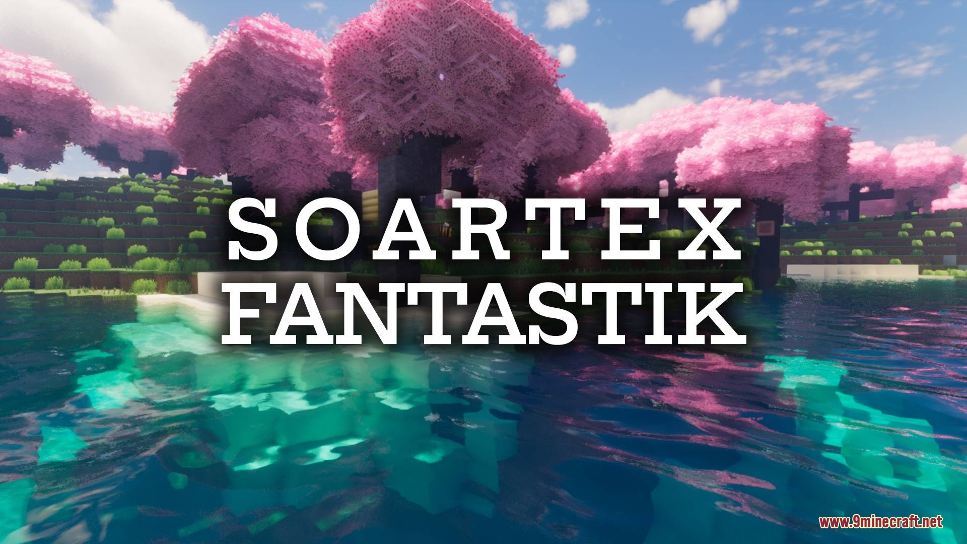 Soartex Fantastik Resource Pack Screenshot 4 Pink cherry blossom trees reflecting in clear blue water for Soartex Fantastik pack