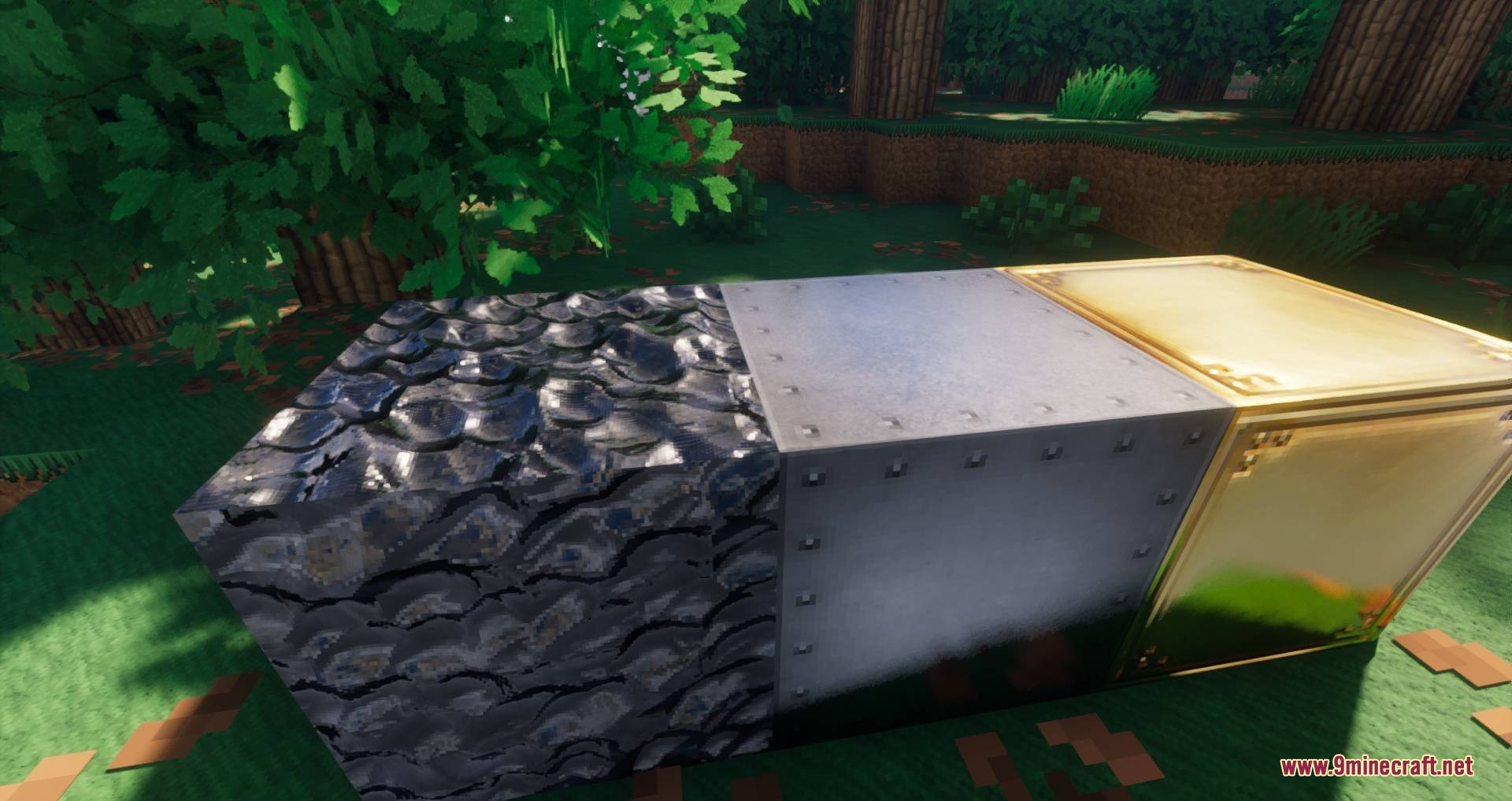 Soartex Fantastik Resource Pack Screenshot 5 Three realistic blocks showcasing Soartex Fantastik PBR textures and detailed depth effects