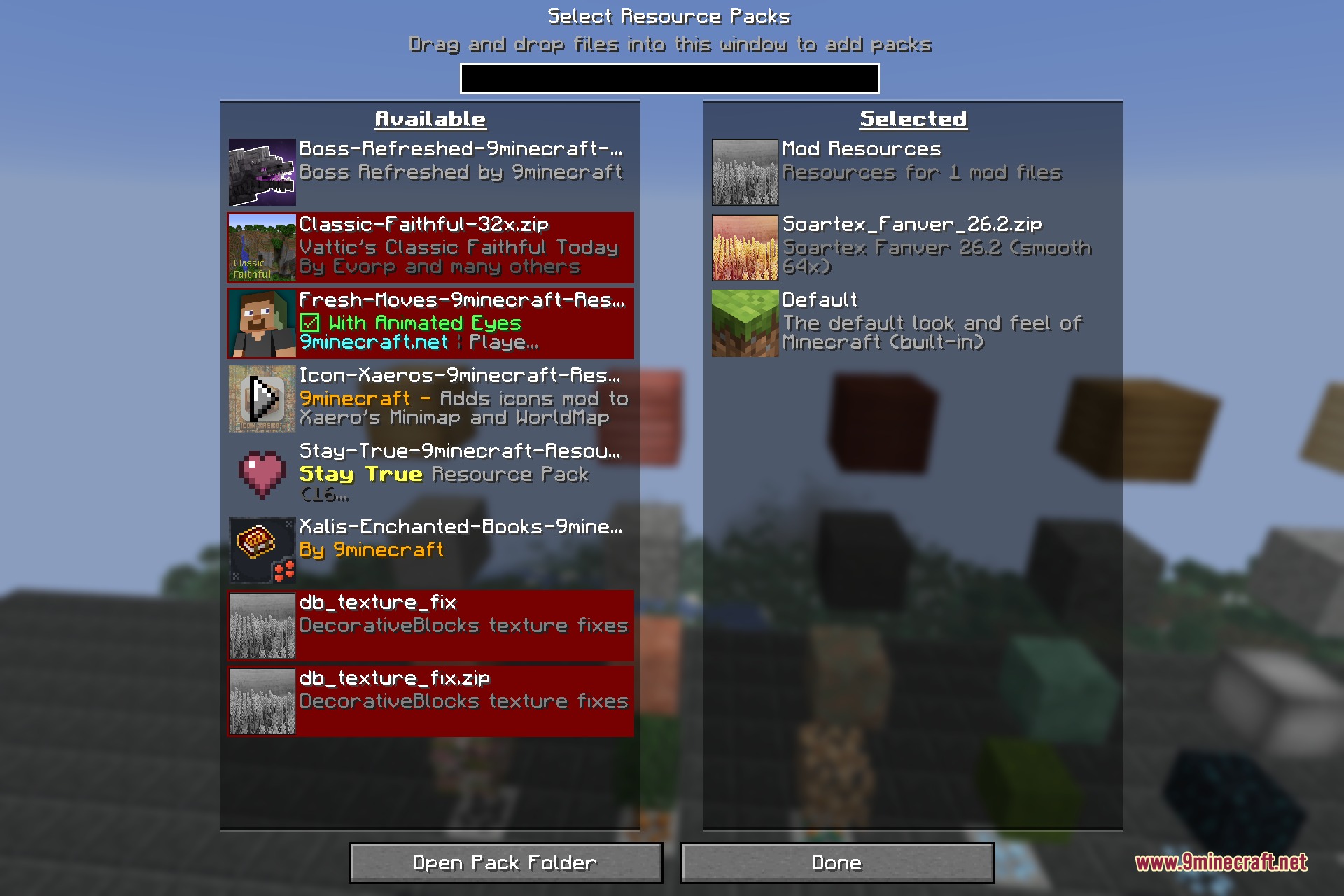 Selecting the Soartex Fanver resource pack in the Minecraft Resource Packs menu