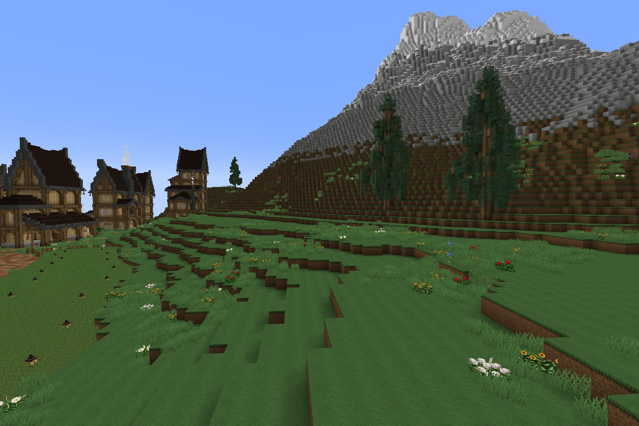 Soartex_Fanver - Rebirth Resource Pack Screenshot 4 Detailed wooden buildings standing near a large mountain in a flowery field