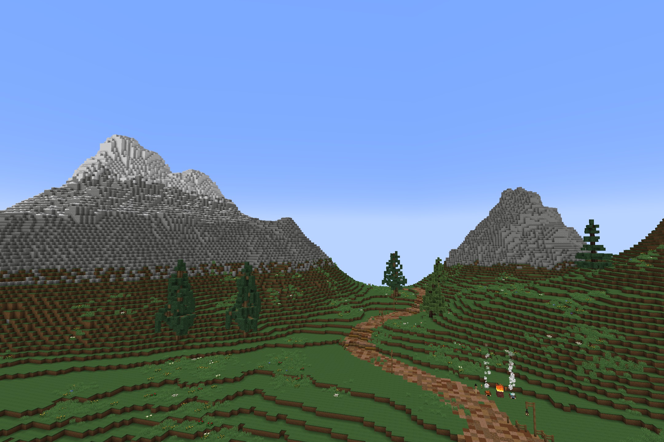 Soartex_Fanver - Rebirth Resource Pack Screenshot 6 A winding dirt path leads past a campfire toward distant snowy mountains