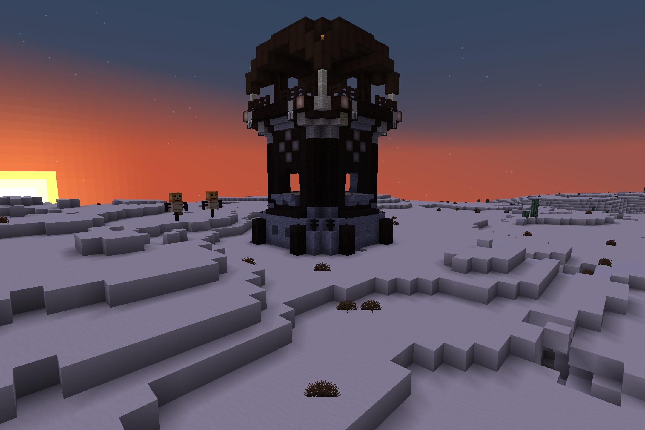 Soartex_Fanver - Rebirth Resource Pack Screenshot 7 A Pillager Outpost stands tall in a desert biome during a sunset