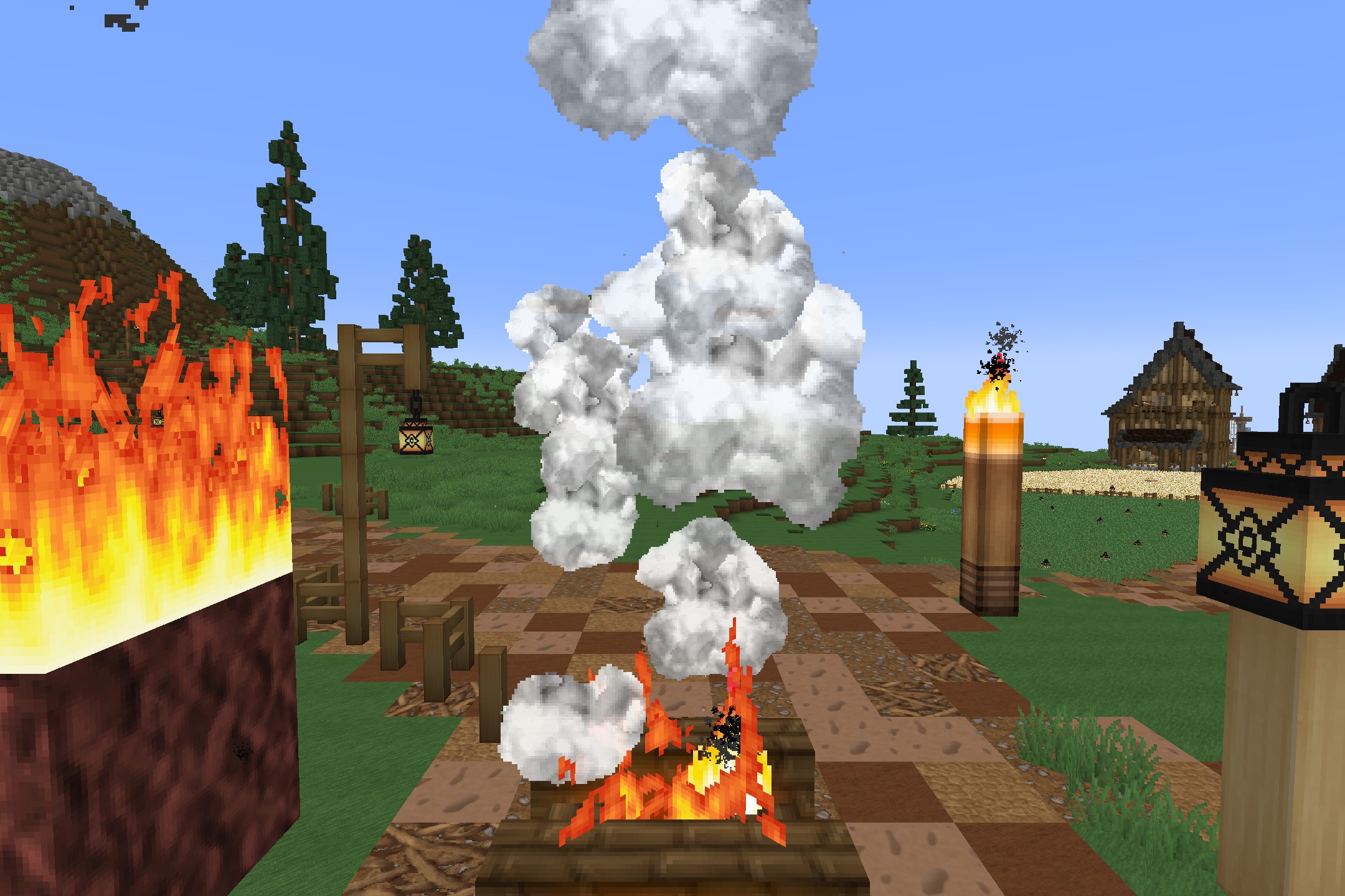 Soartex_Fanver - Rebirth Resource Pack Screenshot 8 A campfire with thick white smoke and smooth textures in a village