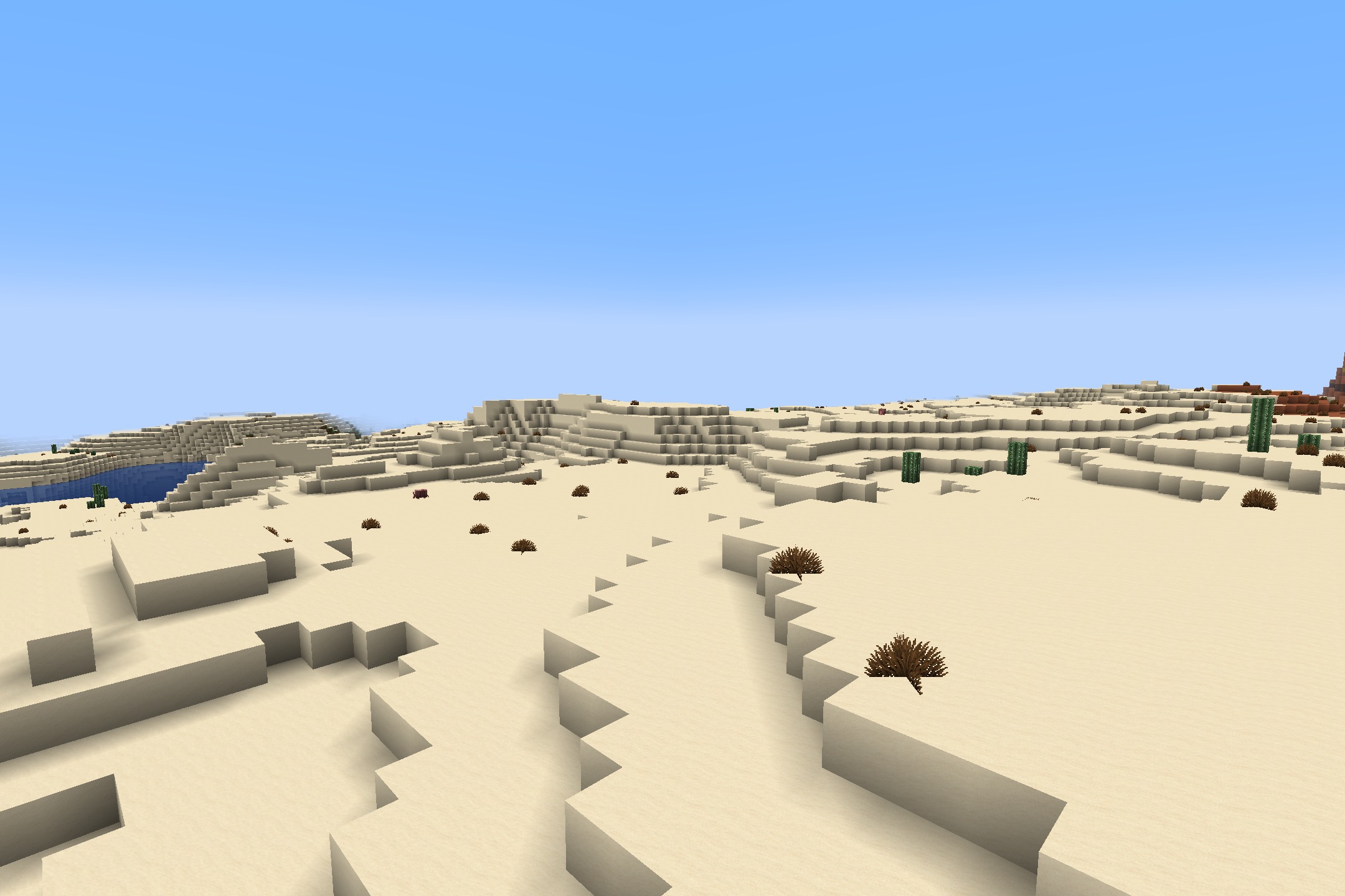 Soartex_Fanver - Rebirth Resource Pack Screenshot 9 A vast desert biome with smooth sand textures and cacti under a clear sky