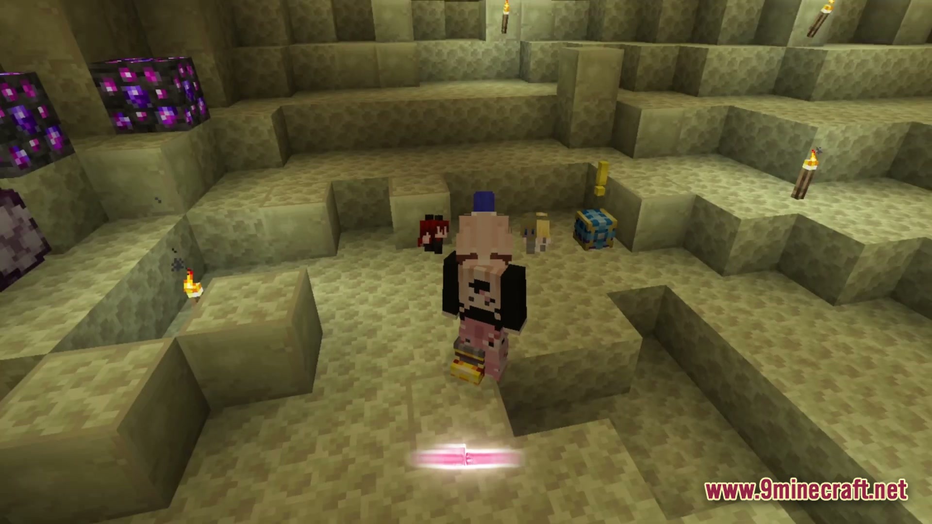 Society Sunlit Cobblemon Modpack Screenshot 1 A player character stands in an End stone cave near small creatures and a quest chest