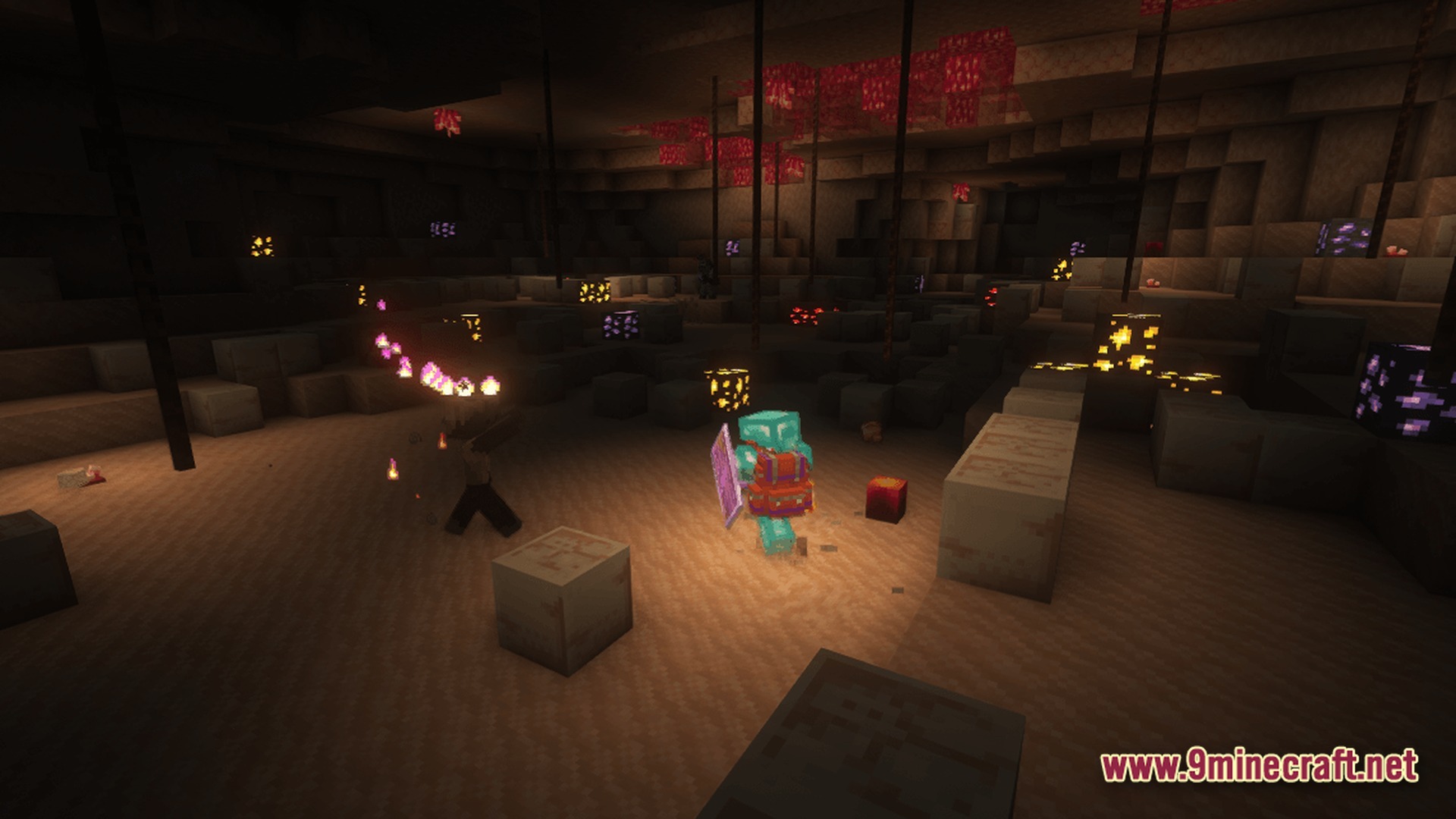 Society Sunlit Cobblemon Modpack Screenshot 10 A player in diamond armor explores a dark underground cavern filled with glowing ores and crystals