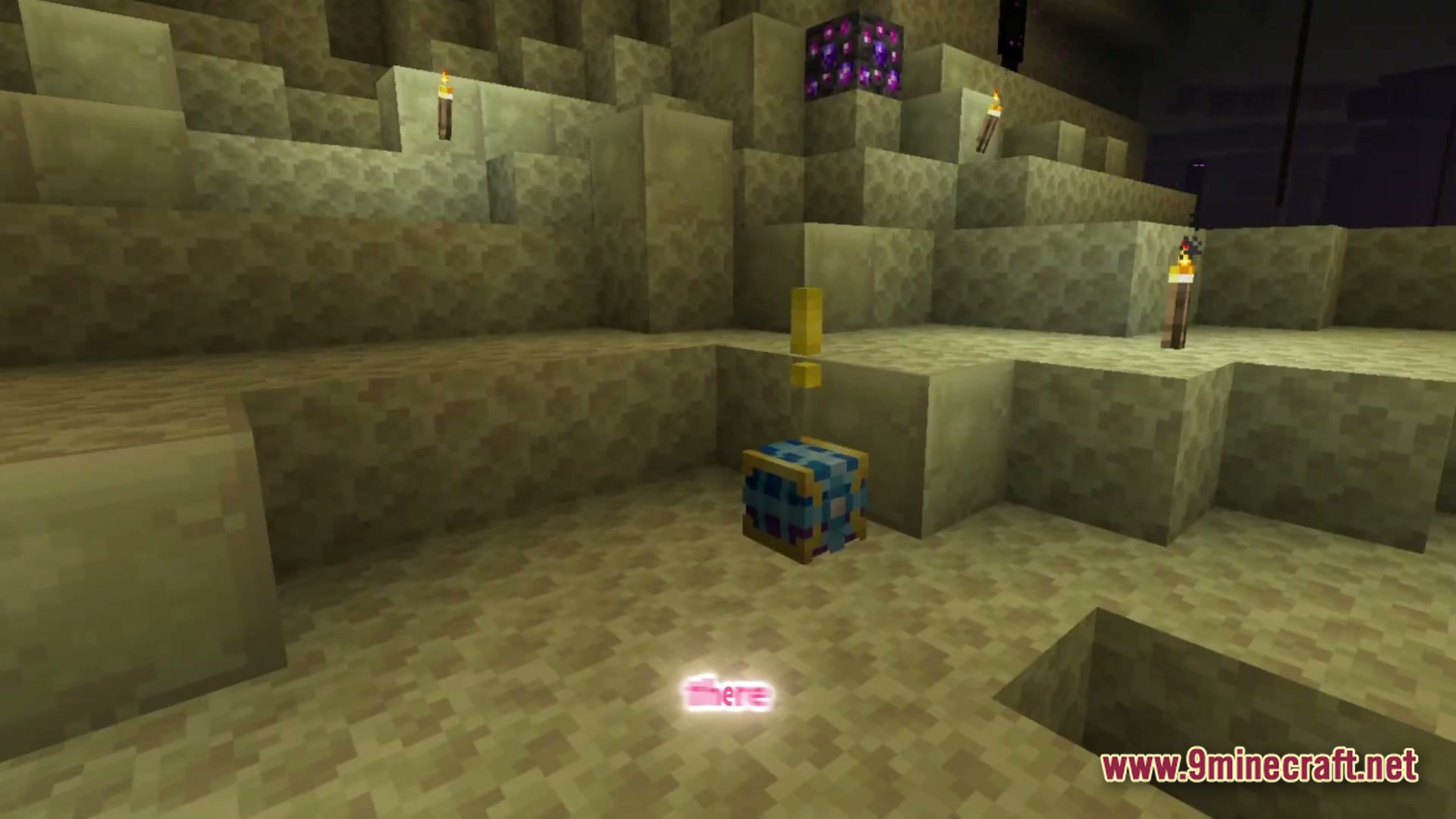 Society Sunlit Cobblemon Modpack Screenshot 2 A blue and gold loot chest sits on end stone blocks within a dark cave