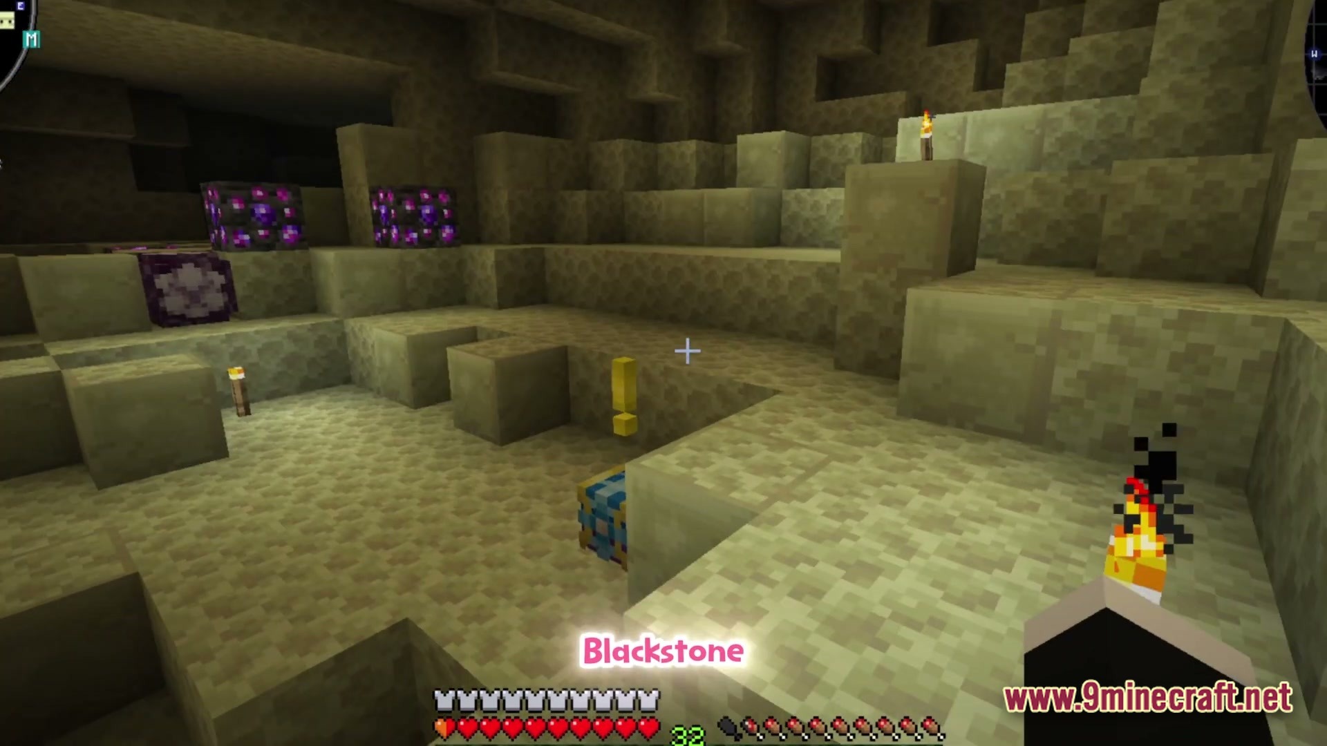 Society Sunlit Cobblemon Modpack Screenshot 3 A player explores an End stone cave containing various ores and a hidden loot chest