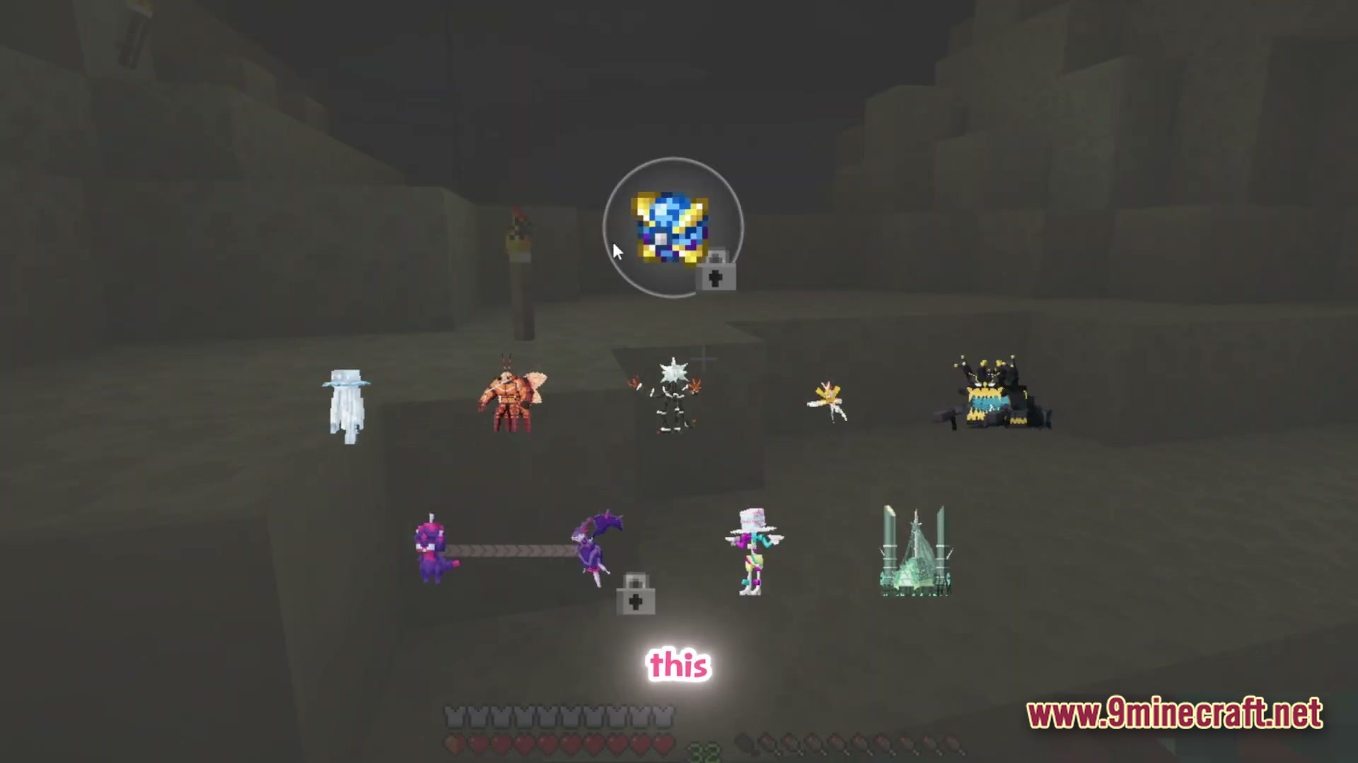 Society Sunlit Cobblemon Modpack Screenshot 5 A selection of Ultra Beast Pokémon models displayed over a dark Minecraft cave environment