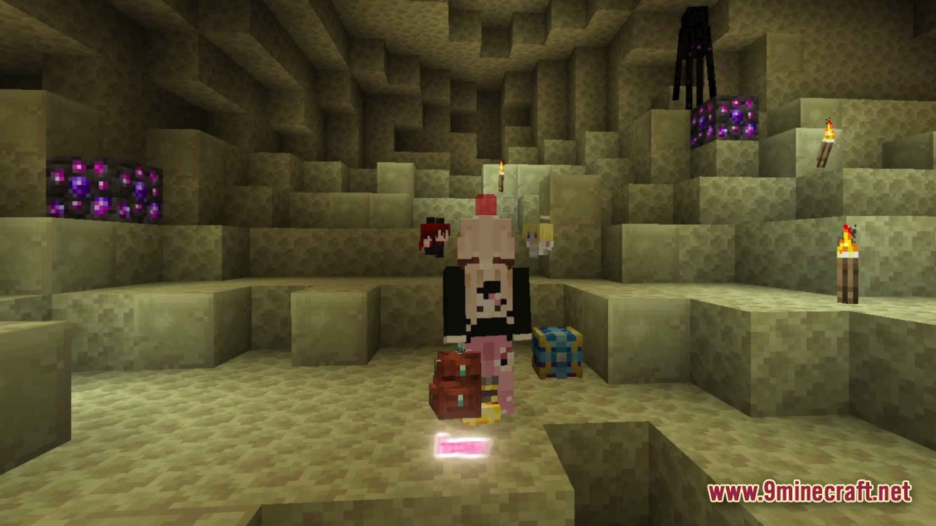 Society Sunlit Cobblemon Modpack Screenshot 6 A player stands in an End stone cave near purple ore, an Enderman, and a chest