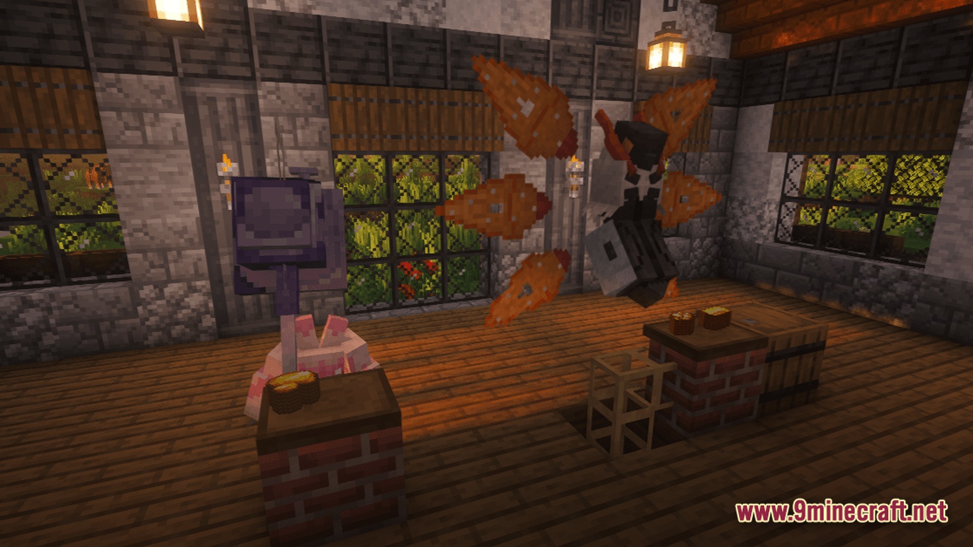Society Sunlit Cobblemon Modpack Screenshot 7 A Volcarona and a Tinkaton stand inside a rustic stone and wood building with large windows