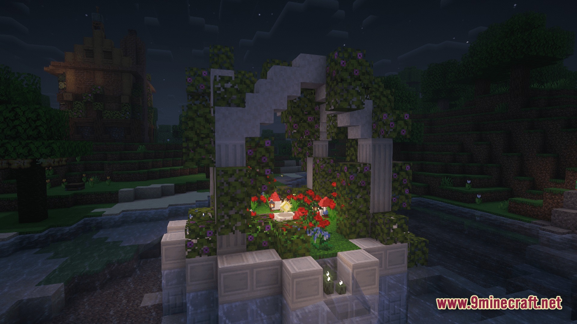 Society Sunlit Cobblemon Modpack Screenshot 9 A stone gazebo covered in flowering vines sits beside a river at night with glowing flowers