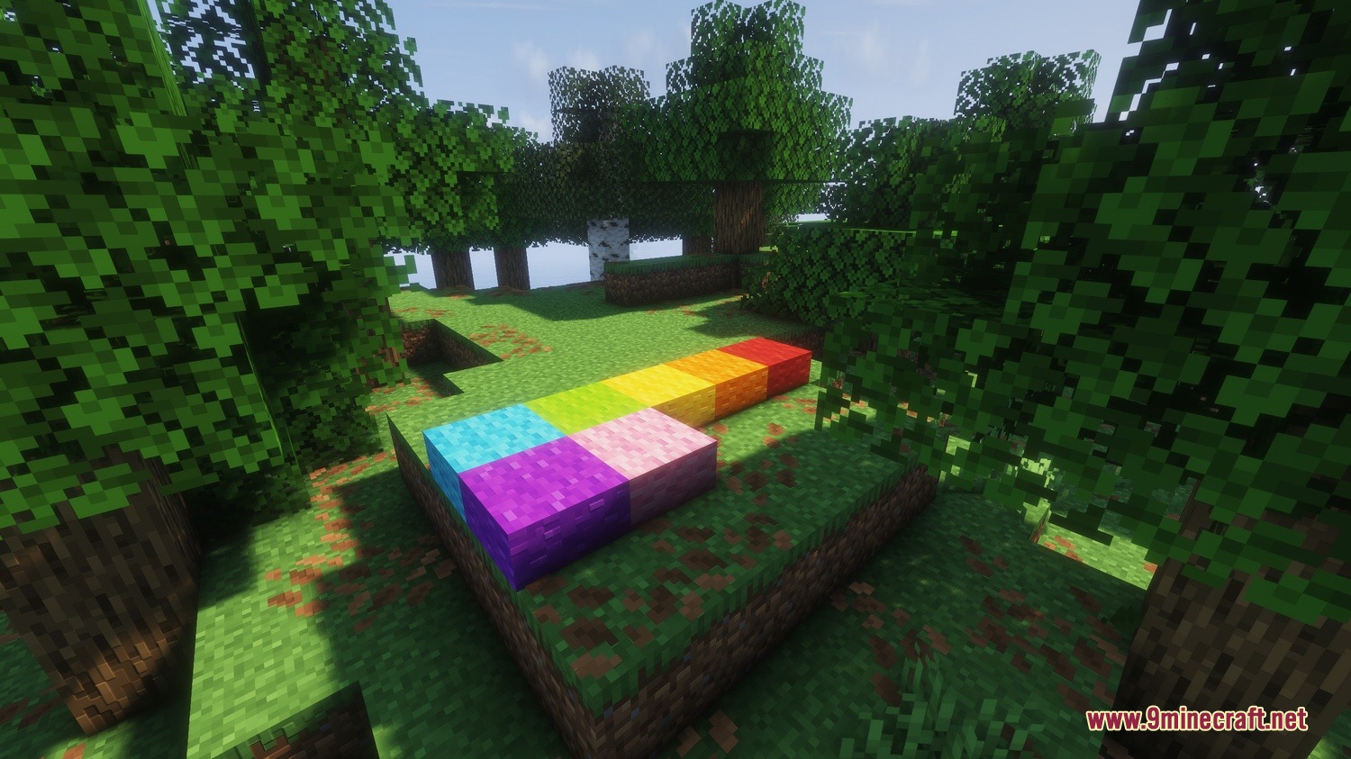 Soft Step Carpentry Mod Screenshot 2 A collection of colorful wool slabs placed on the forest floor