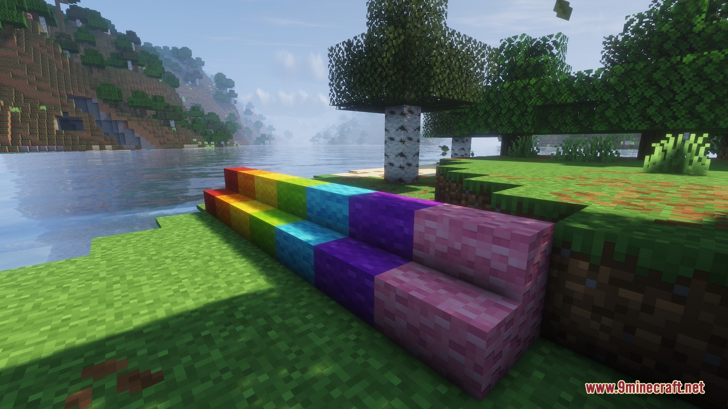 Soft Step Carpentry Mod Screenshot 3 Colorful wool stairs in rainbow patterns decorating a grassy riverbank in Minecraft