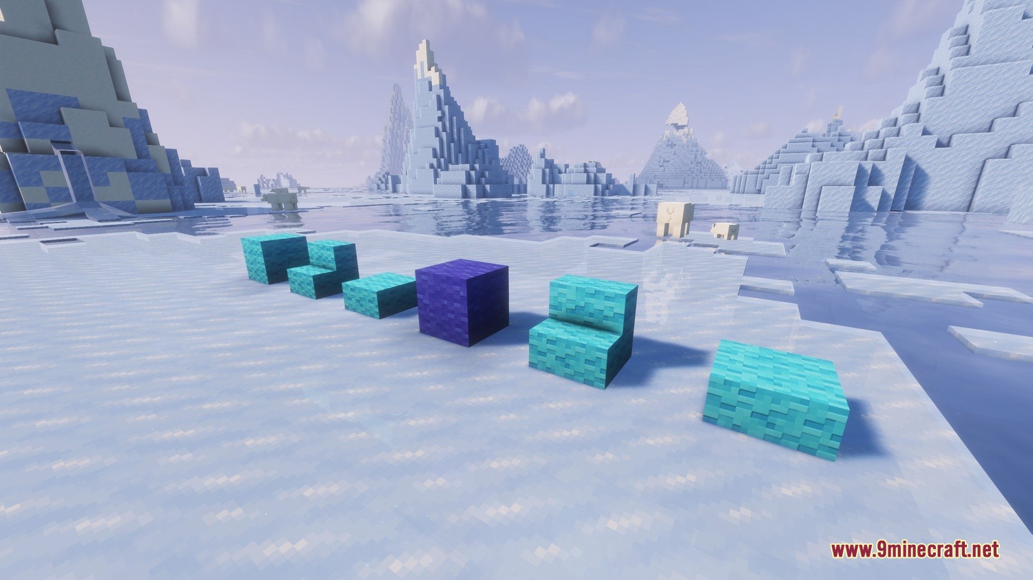Soft Step Carpentry Mod Screenshot 4 Blue wool stairs and slabs placed on ice in a frozen landscape