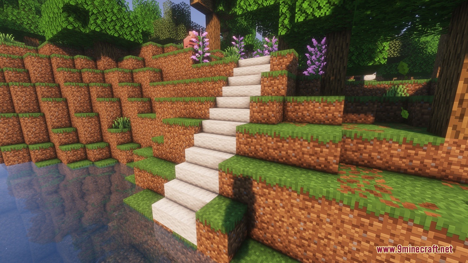 Soft Step Carpentry Mod Screenshot 5 White wool stairs leading up a grassy hill next to a river