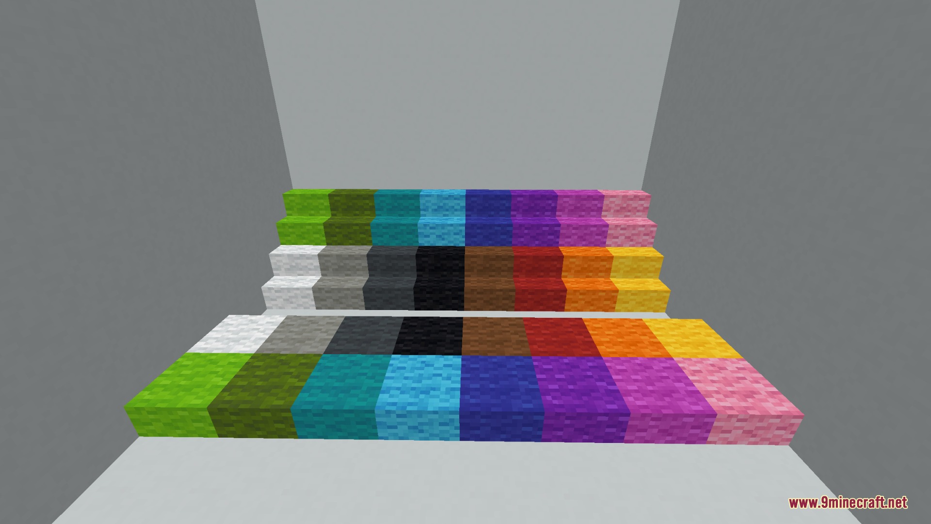 Soft Step Carpentry Mod Screenshot 6 Various colored wool stairs and slabs arranged in a gray room