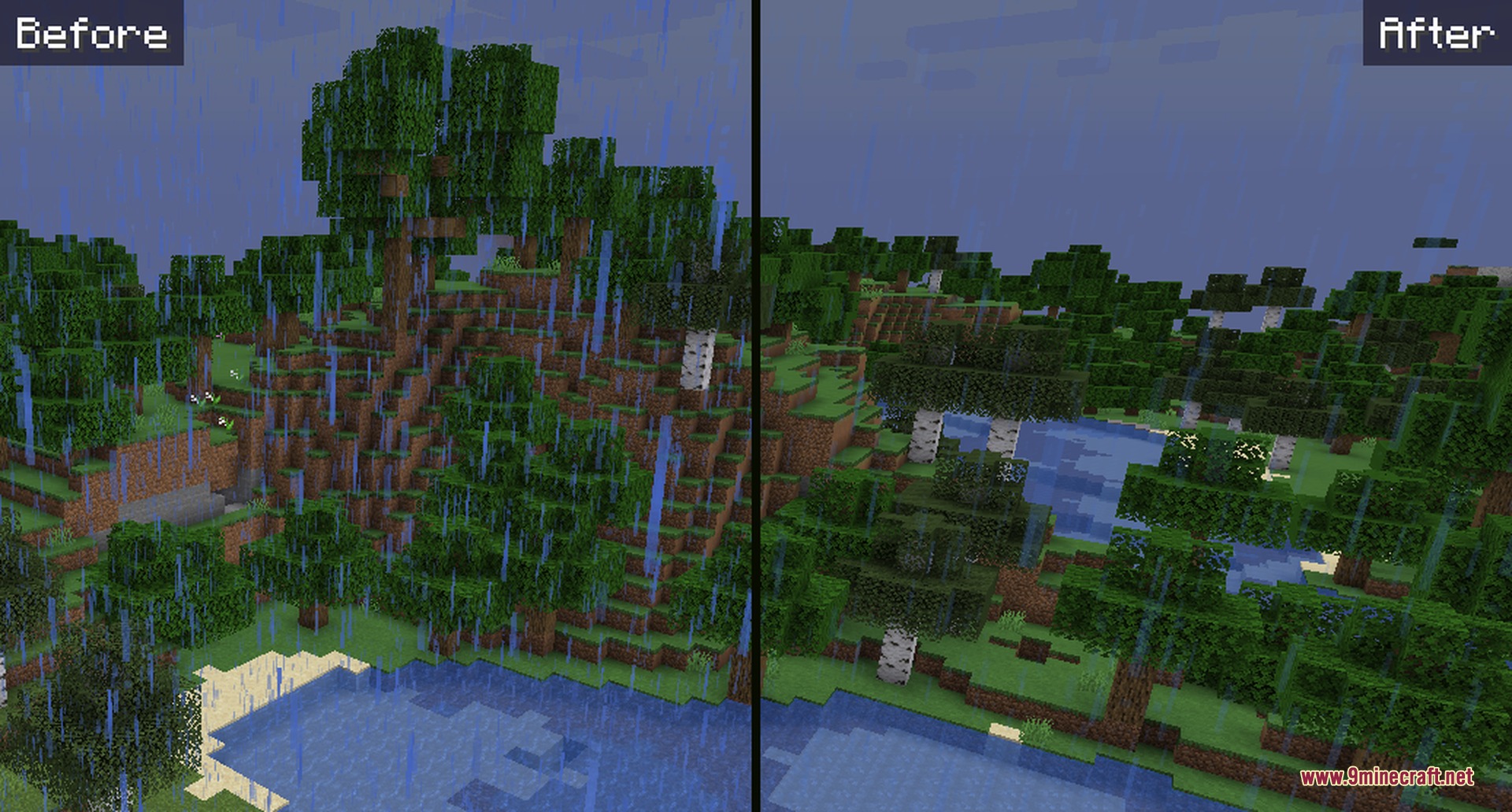 Soft Weather resource pack comparison showing heavy rain versus subtle rain effects
