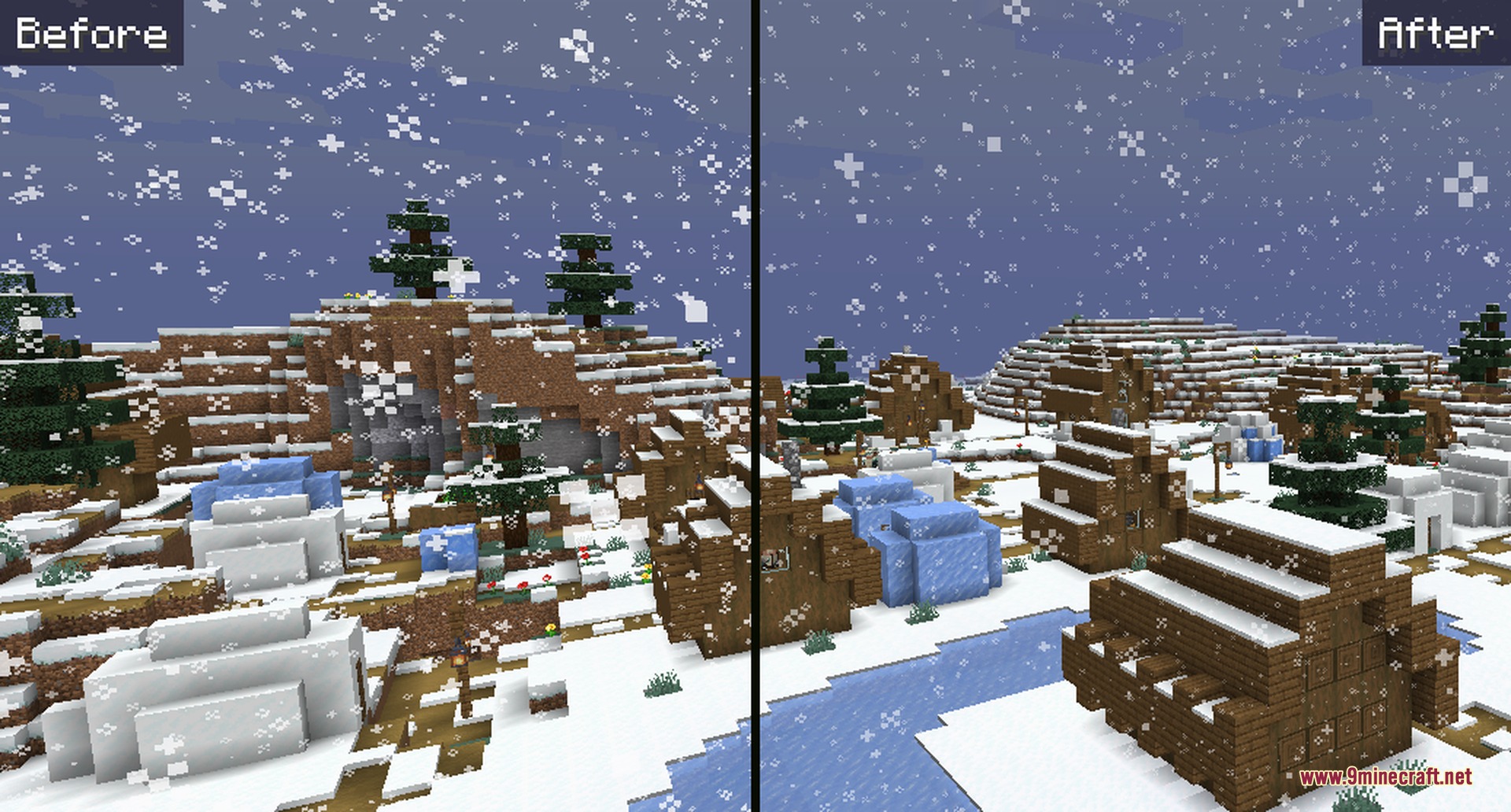 Comparison of thick vanilla snow and light snow particles in winter village
